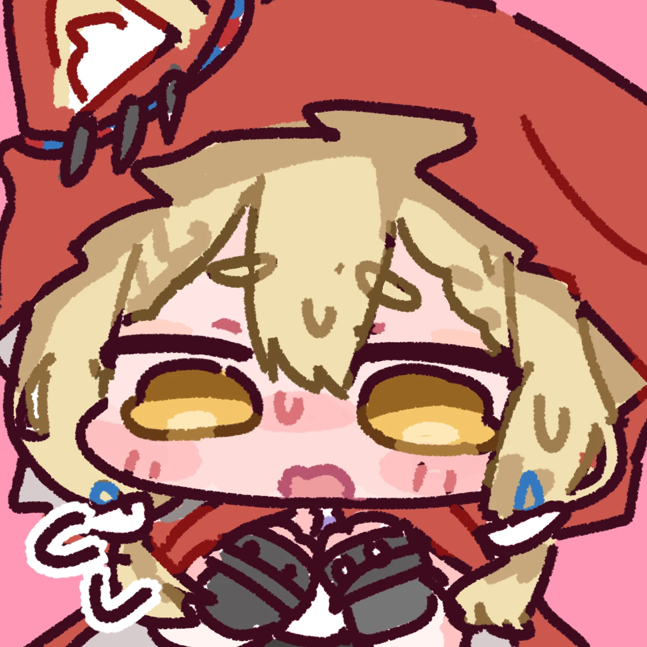 miratsu (miratsu169), rossi (arknights), arknights, arknights: endfield, highres, 1girl, animal ear fluff, animal ears, black gloves, blonde hair, blush, capelet, chibi, chibi only, double-parted bangs, ear ornament, ears through headwear, ears through hood, embarrassed, facing viewer, fingerless gloves, flying sweatdrops, full-face blush, furrowed brow, gloves, hands up, hood, hood up, hooded capelet, looking down, own hands together, pink background, portrait, puffy cheeks, red capelet, red hood, short eyebrows, simple background, solo, straight-on, sweatdrop, tearing up, wolf ears, wolf girl, yellow eyes