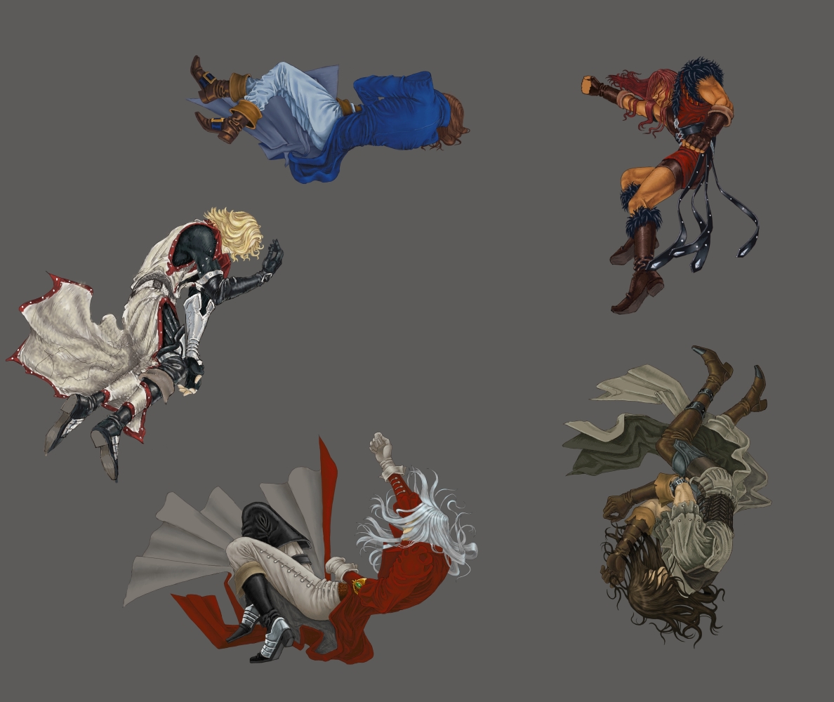 pyderek, juste belmont, leon belmont, ralph c belmont, richter belmont, simon belmont, castlevania: harmony of dissonance, castlevania: lament of innocence, castlevania: symphony of the night, castlevania (1986), castlevania (series), castlevania chronicles, 5boys, blonde hair, boots, brown hair, coat, family, fingerless gloves, gloves, greatest five, hair over face, long hair, lying, male focus, multiple boys, pteruges, red hair, simple background, white hair