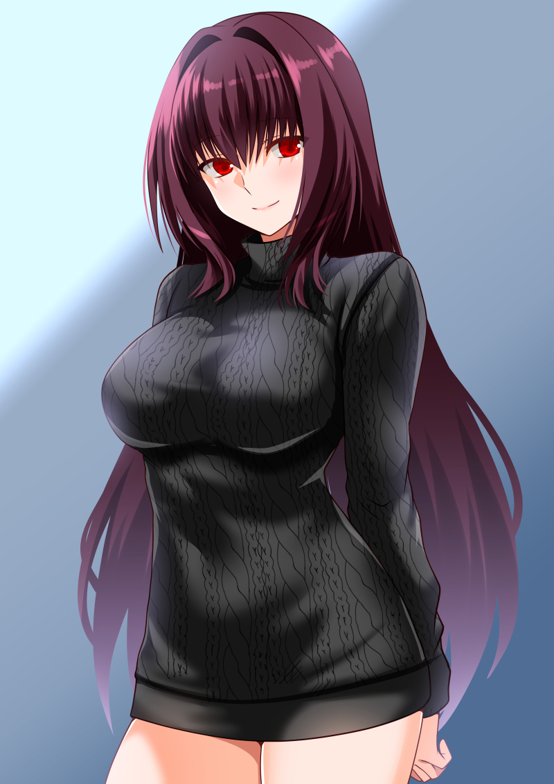 engo (aquawatery), scathach (fate), fate/grand order, fate (series), commentary request, 1girl, black sweater, blush, breasts, large breasts, long hair, long sleeves, looking at viewer, purple hair, red eyes, smile, solo, sweater, turtleneck, turtleneck sweater
