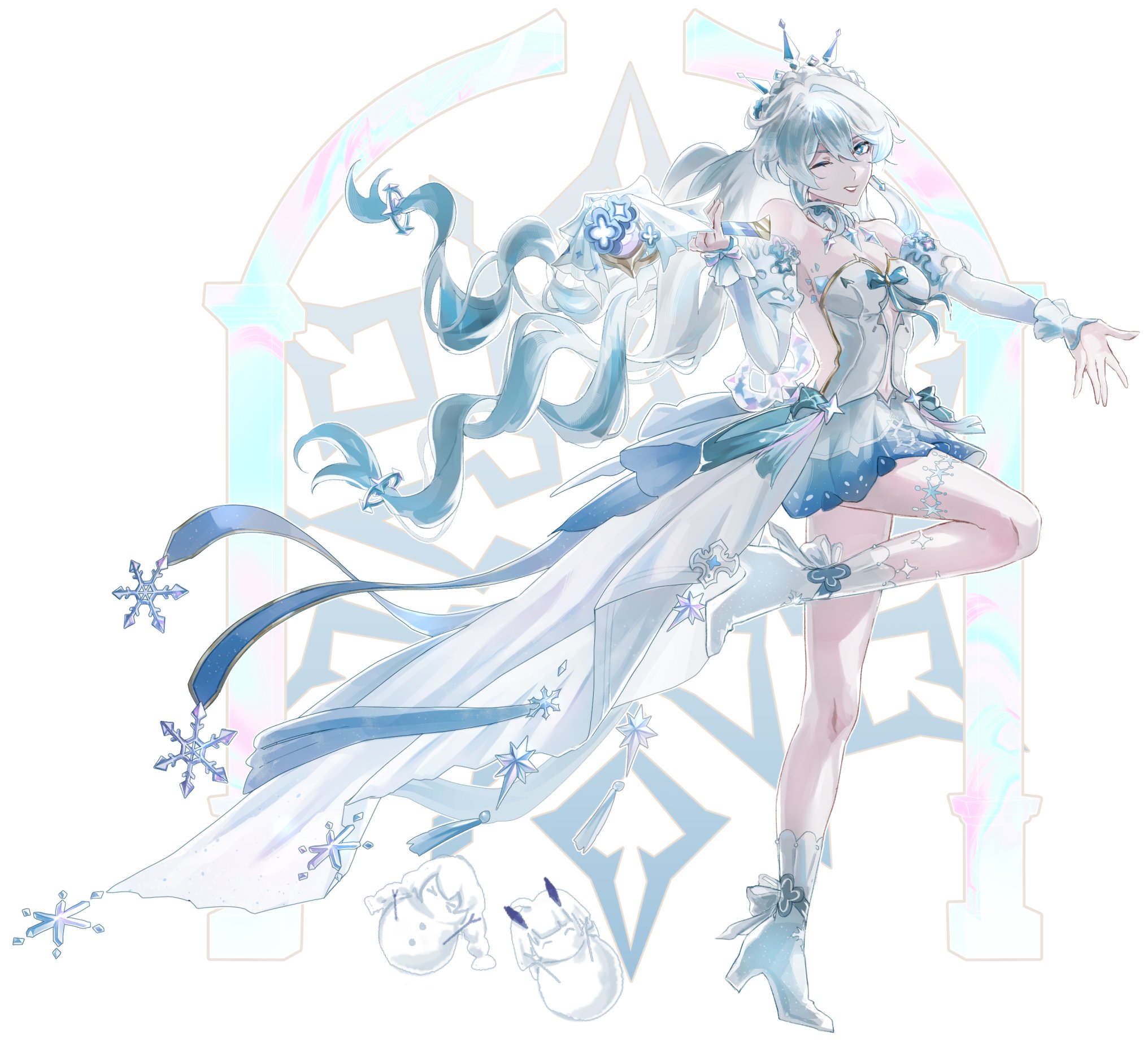 bfblackflower, kiana kaslana, kiana kaslana (ba-dum! fiery wishing star), kiana kaslana (wintery wishes), raiden mei, raiden mei (herrscher of thunder), honkai (series), honkai impact 3rd, character snowman, commentary, english commentary, highres, 1girl, ;), blue eyes, blue hair, breasts, cleavage, dress, earrings, high heels, holding, holding staff, jewelry, looking at viewer, medium breasts, multicolored hair, official alternate costume, one eye closed, simple background, smile, snowflake ornament, snowman, solo, staff, standing, standing on one leg, thigh strap, thighs, tiara, two-tone hair, white background, white dress, white hair, wrist cuffs