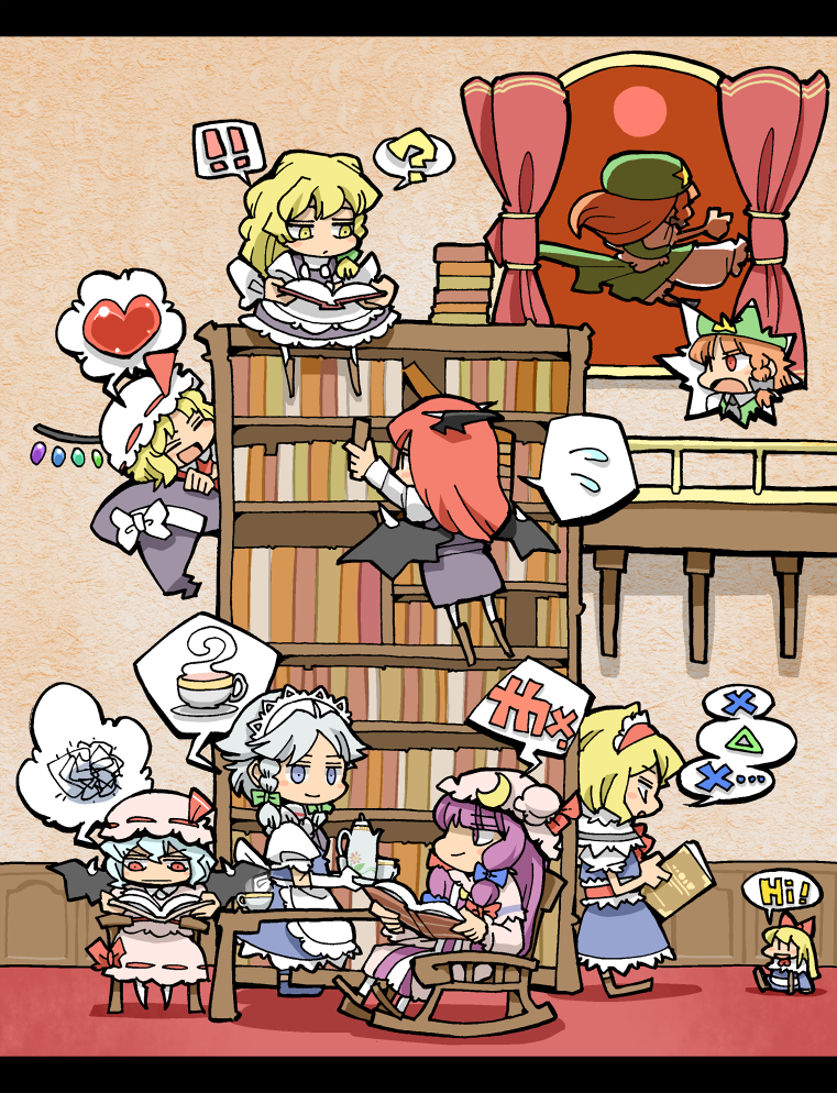 hounori, alice margatroid, flandre scarlet, hong meiling, izayoi sakuya, kirisame marisa, koakuma, patchouli knowledge, remilia scarlet, shanghai doll, touhou, silver hair, !, 6+girls, :d, ?, bat wings, blonde hair, blue hair, book, bookshelf, chair, chibi, cup, female focus, flying, flying kick, hat, head wings, heart, kicking, moon, multiple girls, open mouth, purple eyes, purple hair, red eyes, red hair, red moon, sitting, smile, spoken heart, spoken squiggle, spoken sweatdrop, squiggle, sweatdrop, teapot, unworn hat, unworn headwear, wings, witch, witch hat, yellow eyes, | |