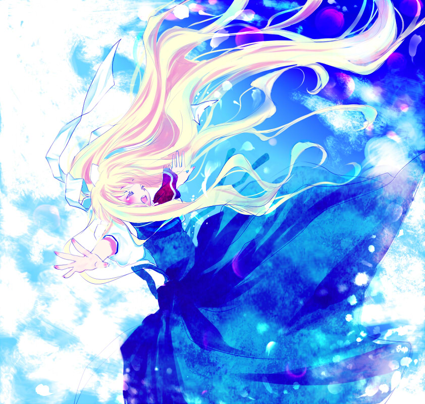 fuuma (gjmwja), kamio misuzu, air (visual novel), bad id, bad pixiv id, 00s, blonde hair, closed eyes, long hair, outstretched arms, ponytail, school uniform, solo, spread arms, very long hair