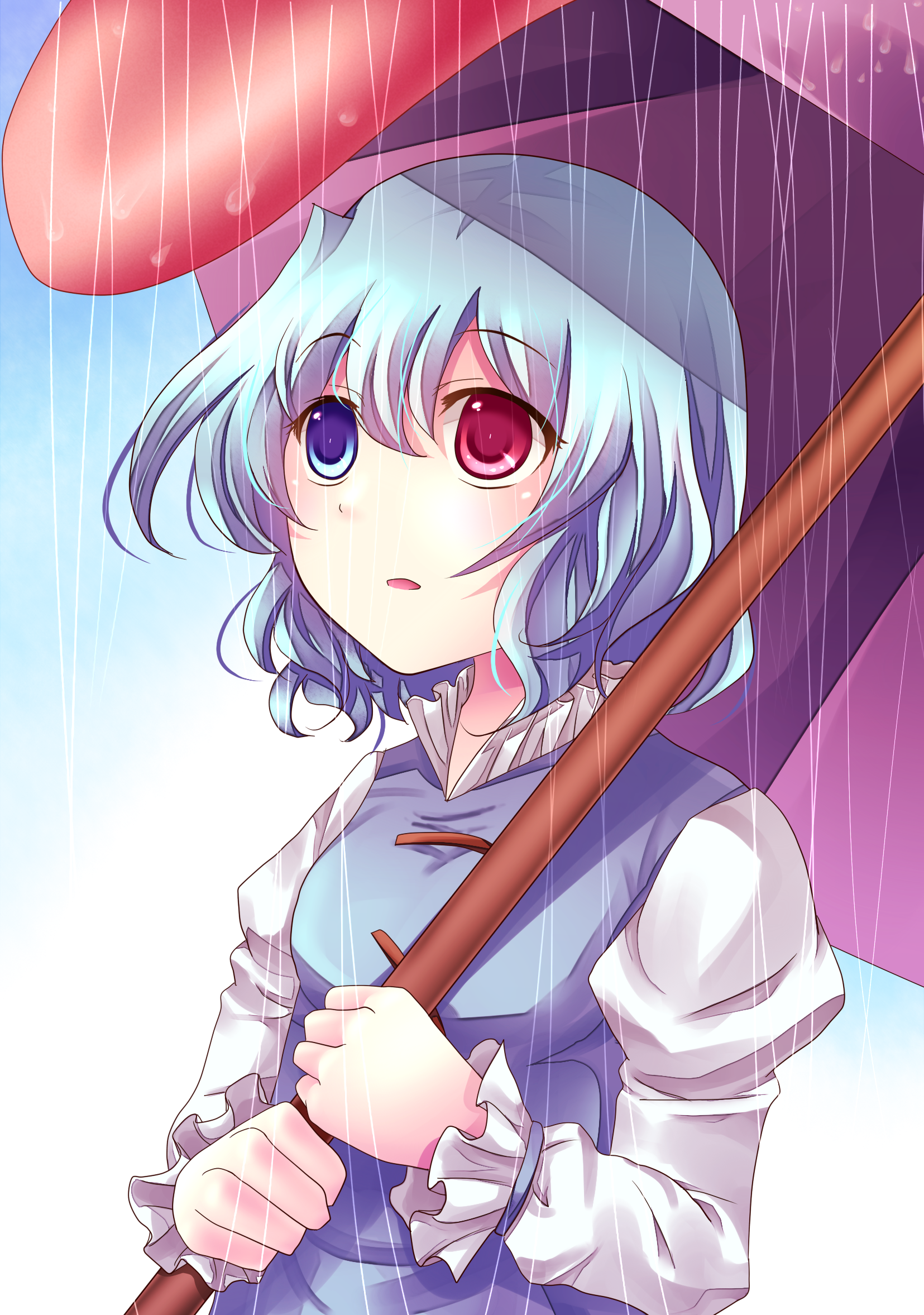 mei (jewel at time), tatara kogasa, touhou, bad id, bad pixiv id, highres, 1girl, blue eyes, blue hair, female focus, gradient background, heterochromia, karakasa obake, outdoors, rain, red eyes, short hair, sky, solo, standing, tongue, umbrella, upper body, white background