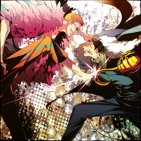 futaba hazuki, crocodile (one piece), donquixote doflamingo, one piece, bad id, bad pixiv id, 2boys, amputee, ascot, battle, belt, black hair, blonde hair, capri pants, cigar, feathers, fighting, formal clothes, fur trim, grabbing another's hair, grin, holding another's hair, hook hand, jacket, jacket on shoulders, male focus, multiple boys, pants, scar, smile, smoking, suit, sunglasses, vest, waistcoat