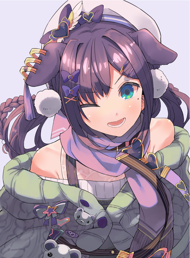 taker (flamestorm), aiba uiha, nijisanji, commentary, 1girl, animal ears, aqua eyes, beret, bow, braid, cardigan, coat, dog ears, green coat, grey background, hair bow, hair ornament, hairclip, hat, long hair, long sleeves, looking at viewer, mole, one eye closed, open mouth, pom pom (clothes), purple bow, purple hair, scarf, shirt, sidelocks, simple background, sleeveless, sleeveless shirt, smile, solo, sweater, twintails, upper body, white hat, white shirt