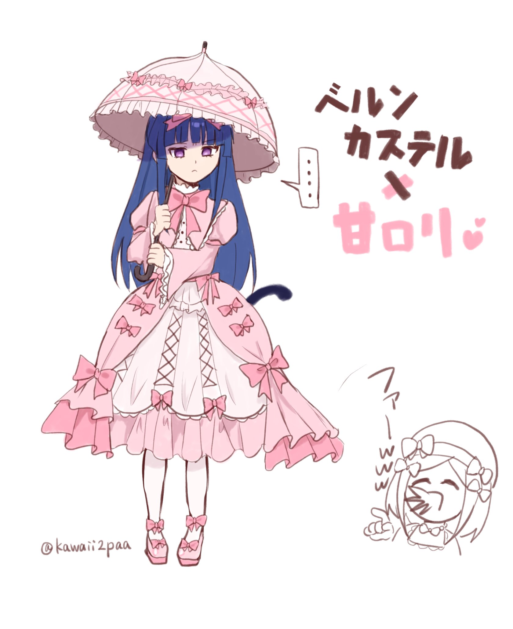 frederica bernkastel, lambdadelta, umineko no naku koro ni, commentary request, highres, translation request, 2girls, aroused nosebleed, blood, blue hair, chibi, chibi inset, dress, kawaii2paa, lolita fashion, long hair, multiple girls, nosebleed, parasol, partially colored, pink dress, sweet lolita, umbrella, very long hair
