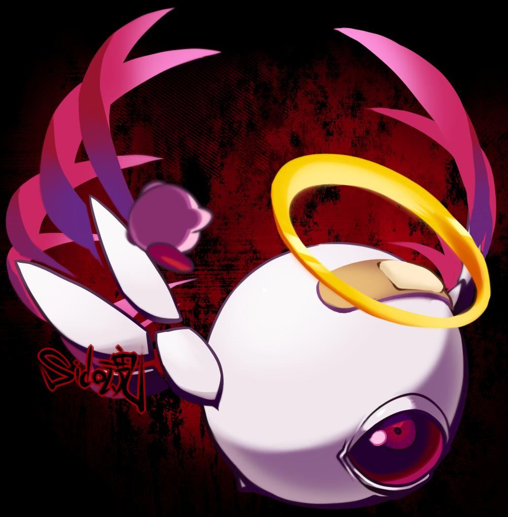 sido (slipknot), kirby, zero two (kirby), kirby (series), kirby 64, nintendo, commentary request, bandaid, claws, halo, imminent fight, looking at another, no humans, one-eyed, red background, red eyes, wings