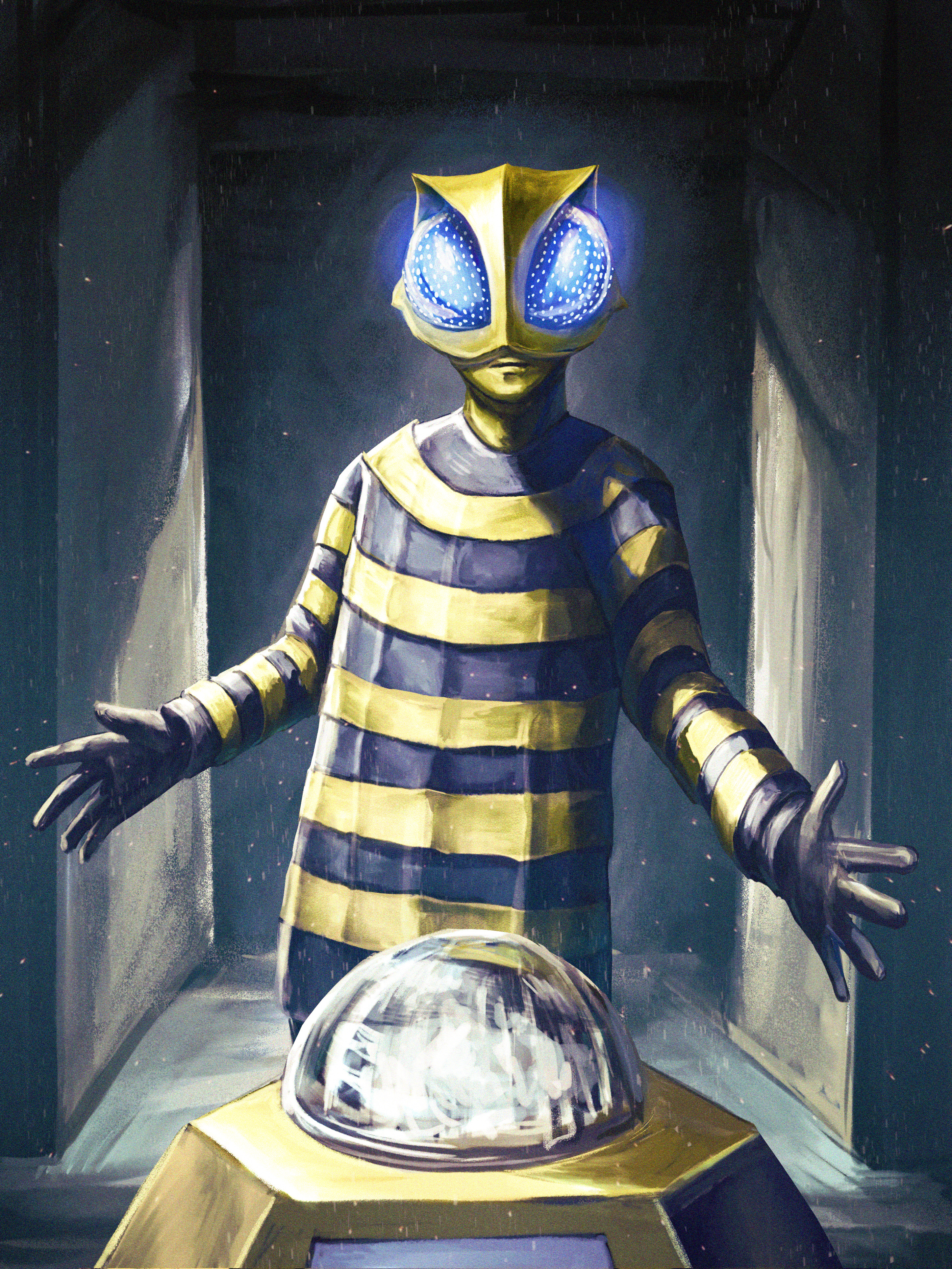 robuja, ultra series, ultraseven (series), absurdres, adversarial noise, commentary, highres, alien, black gloves, blue eyes, cannan seijin, colored skin, creature, dome, gloves, glowing, glowing eyes, indoors, long sleeves, looking at viewer, monster, no humans, no pupils, outstretched arms, science fiction, shirt, spread arms, standing, striped clothes, striped shirt, yellow skin