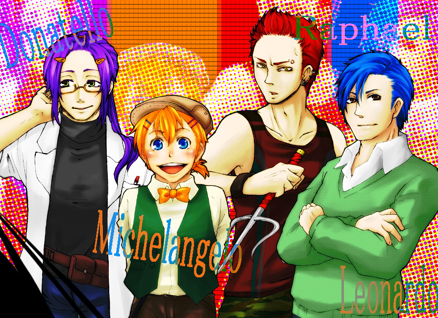 kamigiridayo, donatello (tmnt), leonardo (tmnt), michelangelo (tmnt), raphael (tmnt), teenage mutant ninja turtles, bad id, bad pixiv id, 4boys, blonde hair, blue eyes, blue hair, blush, bow, bowtie, brothers, brown eyes, camouflage, crossed arms, ear piercing, earrings, eyebrow piercing, face piercing, glasses, hair ornament, hairclip, hat, jewelry, lab coat, long hair, male focus, multiple boys, open mouth, personification, piercing, purple hair, red hair, sai (weapon), short hair, siblings, smile, sweater, tank top, weapon, wristband, yellow eyes