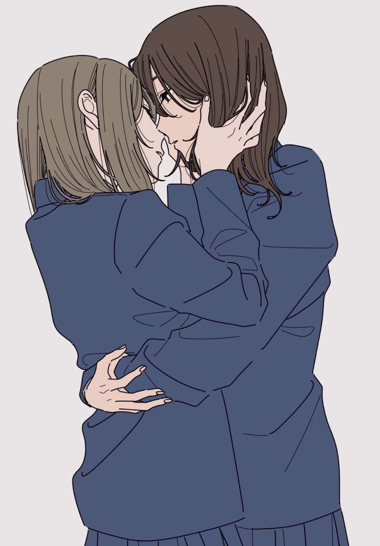 kamatama rom, original, highres, 2girls, blue jacket, brown hair, closed eyes, hands in another's hair, hug, imminent kiss, jacket, long sleeves, medium hair, multiple girls, open mouth, school uniform, sidelocks, simple background, white background, yuri