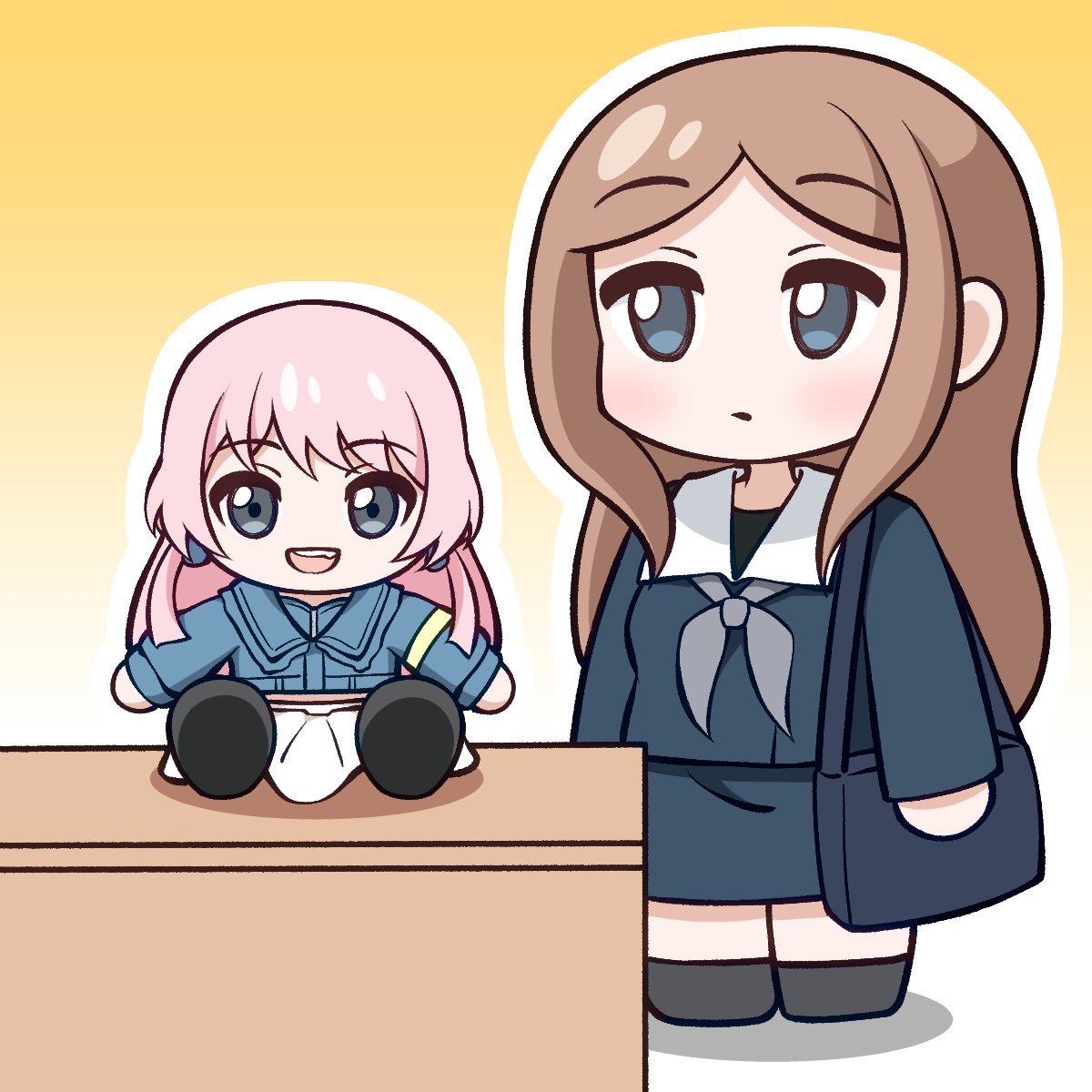 jiwon (sj1), chihaya anon, nagasaki soyo, bang dream!, bang dream! it's mygo!!!!!, commentary, highres, 1girl, blue eyes, blue shirt, blue skirt, brown hair, character doll, chibi, doll, grey neckerchief, long hair, neckerchief, outline, school uniform, shirt, sidelocks, skirt, tsukinomori school uniform, white outline