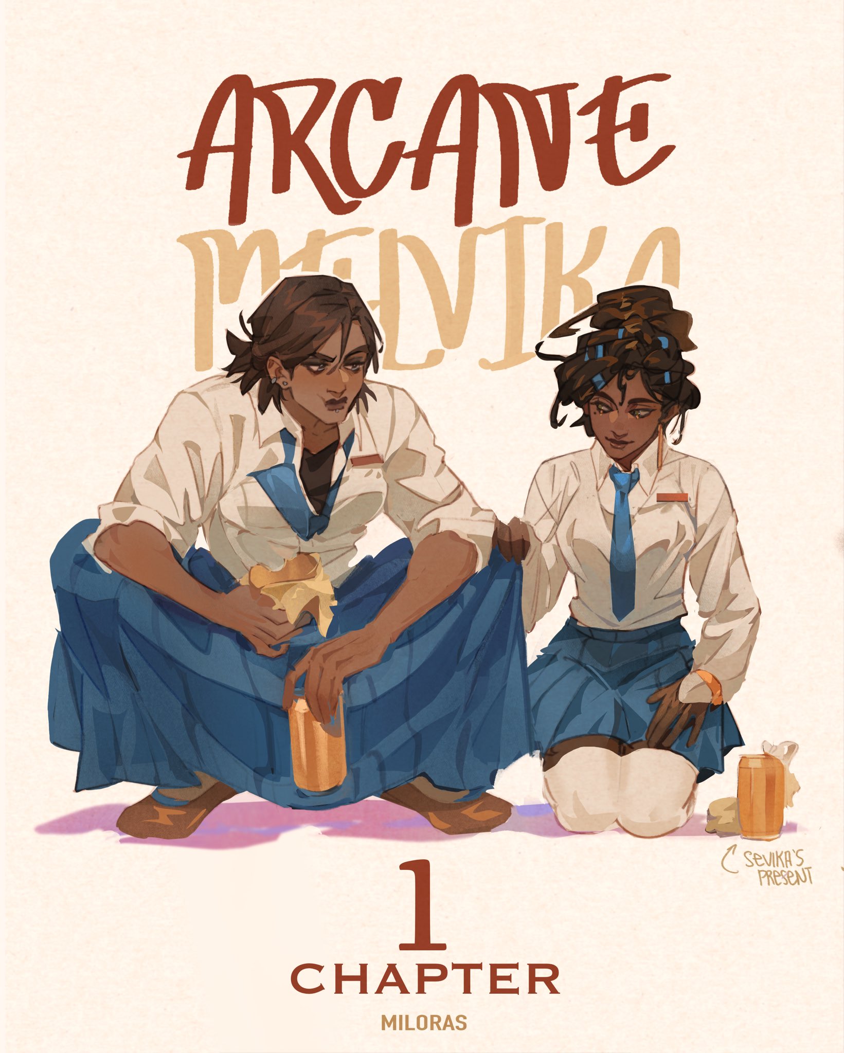 angrymiloras, mel (league of legends), sevika (arcane), arcane: league of legends, league of legends, commentary, english commentary, highres, 2girls, alternate costume, alternate hairstyle, alternate universe, can, closed mouth, collarbone, collared shirt, couple, cup, dark-skinned female, dark skin, eating, english text, food, full body, hair between eyes, hair ornament, hair up, height difference, holding, holding can, holding cup, holding food, light smile, long sleeves, looking at another, looking to the side, loose necktie, multiple girls, muscular, muscular female, necktie, orange background, partially unbuttoned, school uniform, seiza, shirt, short hair, sitting, skirt, squatting, very dark skin, white shirt, yuri