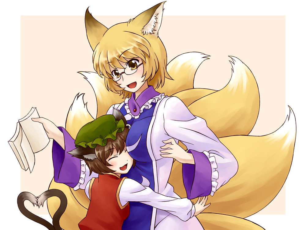nemou, chen, yakumo ran, touhou, 2girls, bespectacled, blonde hair, book, brown hair, cat ears, cat tail, female focus, fox tail, glasses, hat, heart, heart tail, hug, multiple girls, multiple tails, short hair, tail
