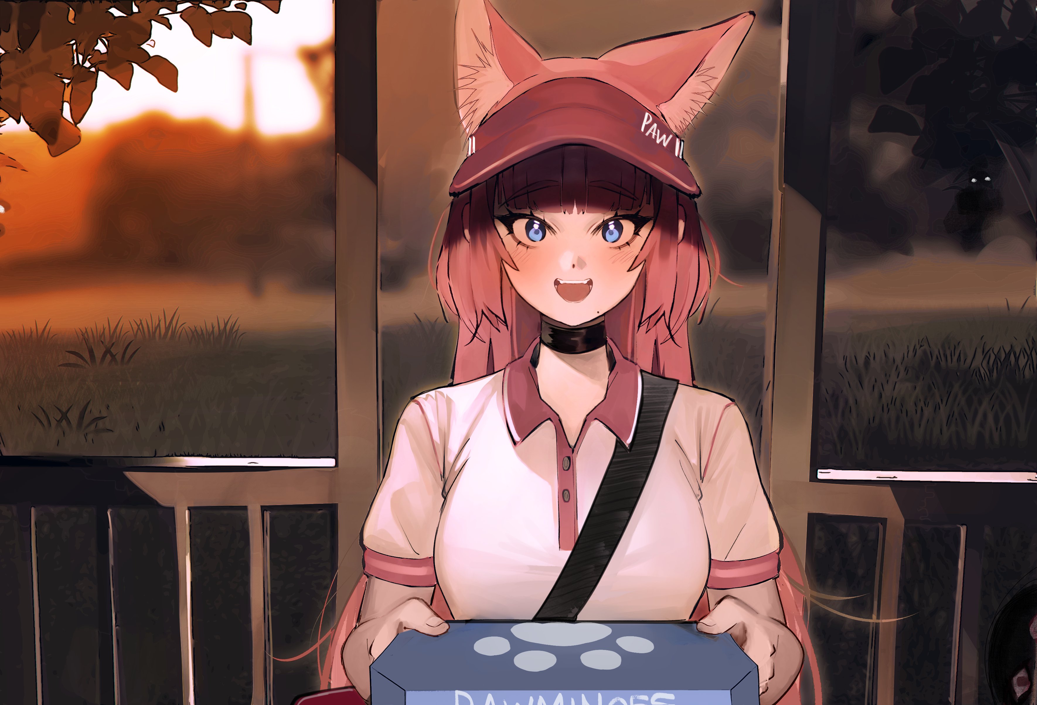 kumaartsu, domino's pizza, original, absurdres, commentary, english commentary, highres, 1girl, 2others, :d, animal ears, black choker, blue eyes, blurry, box, brand name imitation, breasts, cat ears, cat girl, choker, collared shirt, delivery, depth of field, hat, holding, holding box, horror (theme), long hair, looking at viewer, medium breasts, multiple others, open mouth, outdoors, pink hair, pink hat, pizza box, pizza delivery, railing, shirt, short sleeves, smile, solo focus, upper body, visor cap, white shirt