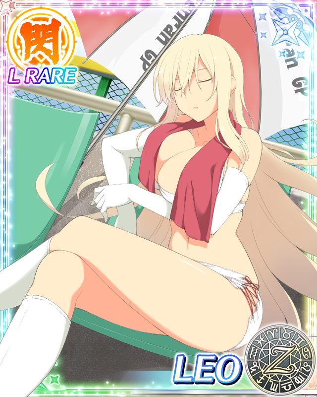 leo (senran kagura), senran kagura, senran kagura new wave, official art, 1girl, :o, aquarius (symbol), aries (symbol), blonde hair, blush, boots, bra, breasts, cancer (symbol), capricorn (symbol), card (medium), chain-link fence, chair, character name, cleavage, closed eyes, collarbone, dodecagram, elbow gloves, fence, gemini (symbol), gloves, hair between eyes, large breasts, leo (symbol), libra (symbol), linea alba, long hair, looking at viewer, navel, on chair, pisces (symbol), purple eyes, race queen, red umbrella, sagittarius (symbol), school emblem, scorpio (symbol), short shorts, shorts, side slit, side slit shorts, sitting, sleeping, solo, stomach, taurus (symbol), towel, two-tone umbrella, umbrella, underwear, very long hair, virgo (symbol), white boots, white bra, white gloves, white shorts, white umbrella, zodiac wheel