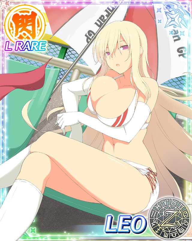 leo (senran kagura), senran kagura, senran kagura new wave, official art, 1girl, :o, aquarius (symbol), aries (symbol), blonde hair, blush, boots, bra, breasts, cancer (symbol), capricorn (symbol), card (medium), chain-link fence, chair, character name, cleavage, collarbone, dodecagram, elbow gloves, fence, gemini (symbol), gloves, hair between eyes, large breasts, leo (symbol), libra (symbol), linea alba, long hair, looking at viewer, navel, on chair, pisces (symbol), purple eyes, race queen, red bra, red umbrella, sagittarius (symbol), school emblem, scorpio (symbol), short shorts, shorts, side slit, side slit shorts, sitting, solo, stomach, taurus (symbol), towel, two-tone bra, two-tone umbrella, umbrella, underwear, very long hair, virgo (symbol), white boots, white bra, white gloves, white shorts, white umbrella, zodiac wheel