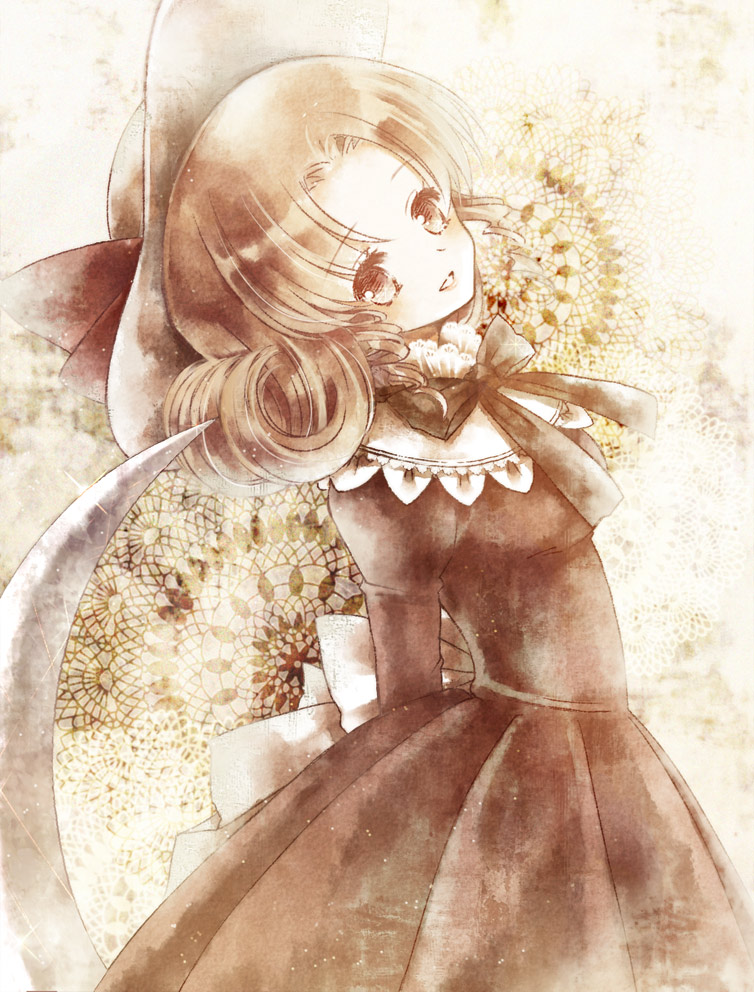 suzuki (chidori), suzuki ao, elly (touhou), lotus land story, touhou, touhou (pc-98), 1girl, blonde hair, brown eyes, dress, female focus, hat, hat ribbon, ribbon, scythe, solo