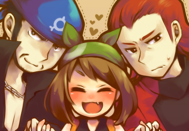 cambo copoca, archie (pokemon), maxie (pokemon), may (pokemon), may (pokemon emerald), nintendo, pokemon, pokemon adventures, pokemon rse, 00s, 1girl, 2boys, alternate costume, bandana, black hair, blush, brown hair, closed eyes, dotted line, facial hair, fang, hat, heart, jewelry, multiple boys, necklace, red hair, smile, team aqua, team magma