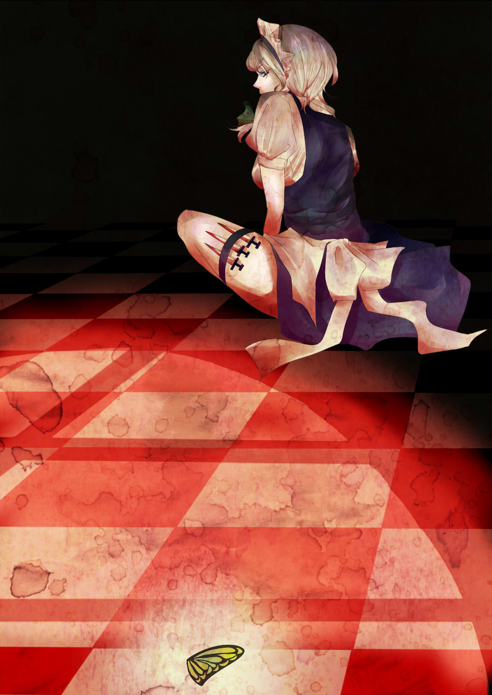 mask de go, izayoi sakuya, embodiment of scarlet devil, touhou, silver hair, highres, 1girl, braid, butterfly wing, butterfly wings, dress, female focus, insect wings, maid, red eyes, short hair, sitting, solo, twin braids, wings