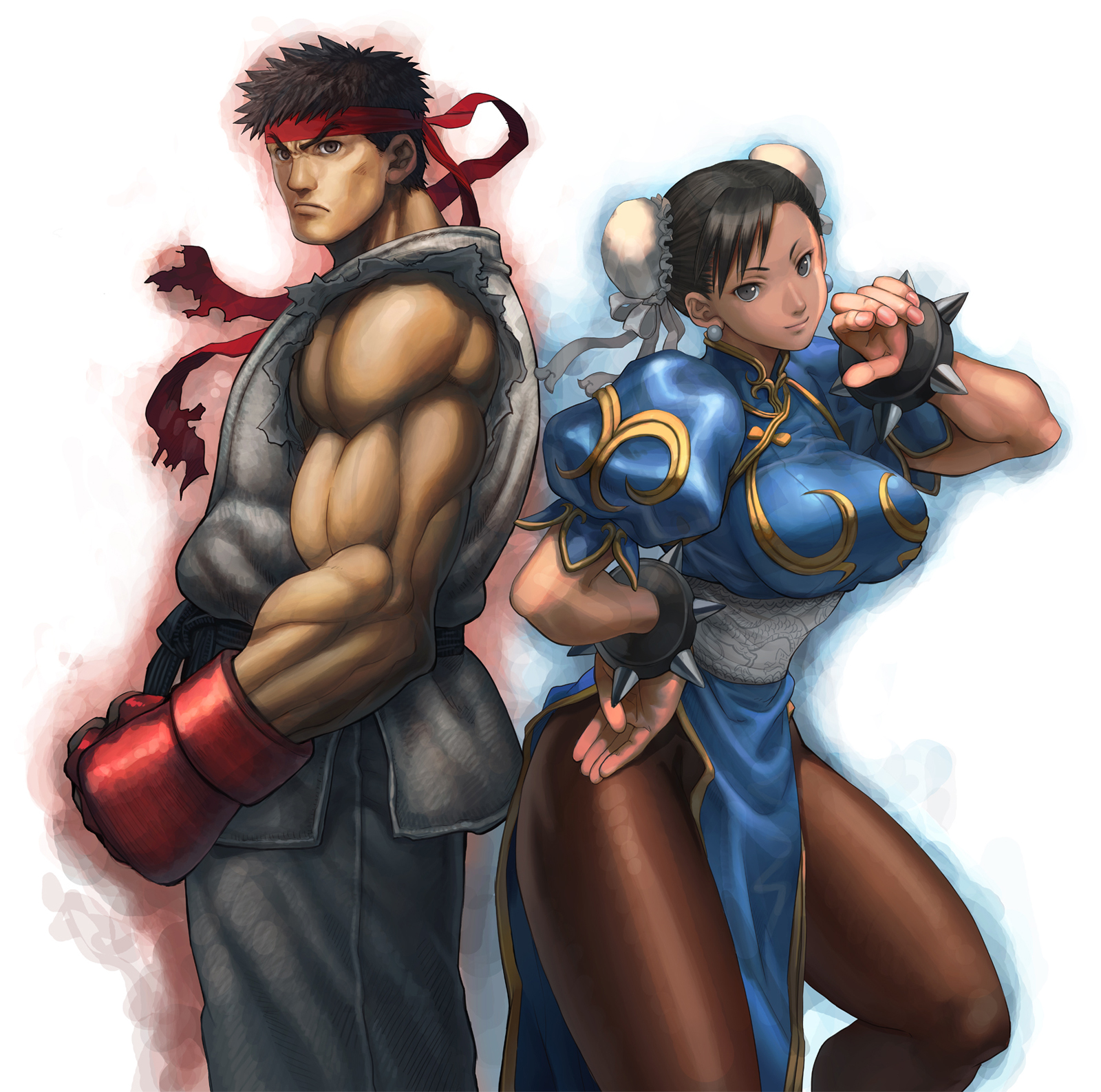 s (joyk1214), chun-li, ryu (street fighter), capcom, street fighter, highres, 1boy, 1girl, black hair, bun cover, china dress, chinese clothes, double bun, dress, muscular, pantyhose, pelvic curtain, short hair