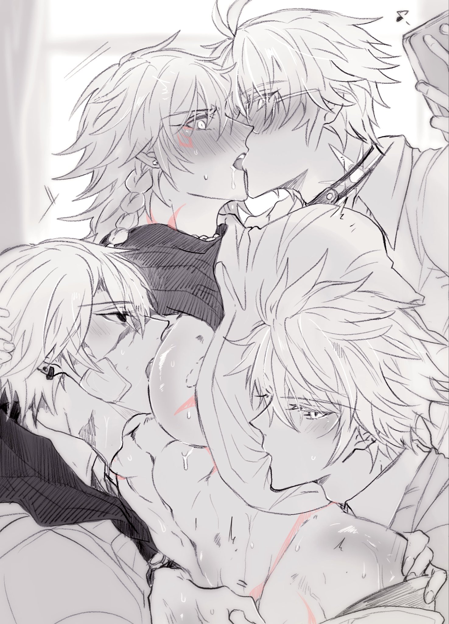 flame reaver of the deepest dark, mydei (honkai: star rail), phainon (honkai: star rail), phainon (khaslana) (honkai: star rail), honkai: star rail, honkai (series), commentary request, highres, 4boys, abs, antenna hair, bandaid, bandaid on face, between pectorals, black choker, blush, braid, chest tattoo, choker, clothes lift, collared shirt, facial tattoo, greyscale, hand on another's ass, kiss, large pectorals, male focus, meshiau79187, monochrome, multiple boys, multiple persona, muscular, muscular male, neck tattoo, open clothes, open shirt, pectorals, red tattoo, saliva, scar, scar on face, shirt, shirt lift, short hair, side braid, spot color, sun symbol, sun tattoo, tan, tattoo, white shirt, yaoi