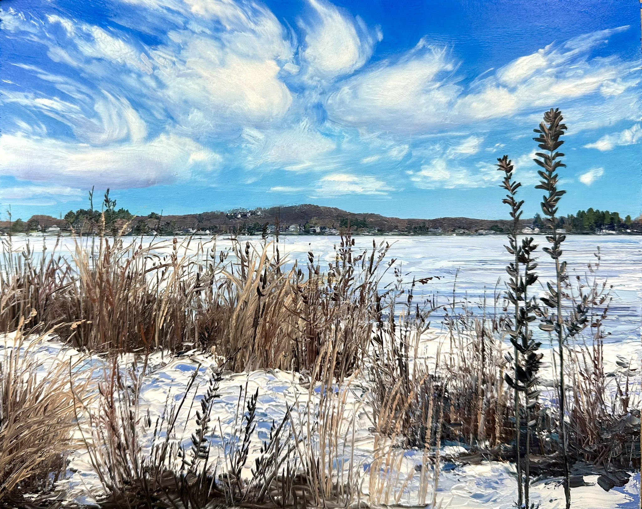 kate avery, original, commentary, english commentary, highres, oil painting (medium), painting (medium), traditional media, blue sky, cloud, cloudy sky, day, grass, hill, no humans, outdoors, real world location, scenery, sky, snow, winter