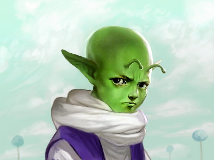 toron, dende, dragon ball, dragonball z, bad id, bad pixiv id, 1boy, alien, antennae, bald, blue tree, child, cloud, colored skin, green skin, green sky, long pointy ears, looking at viewer, male focus, namek, namekian, outdoors, pointy ears, realistic, sky, solo, tree