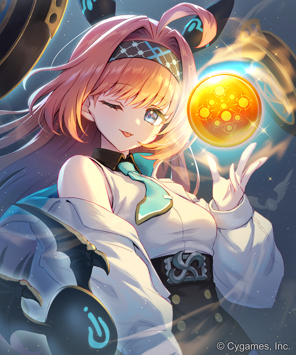 nogi lief, lishenna (shadowverse), shadowverse, commentary request, highres, official art, 1girl, ;p, ahoge, black hairband, black skirt, blue eyes, blue necktie, breasts, collared shirt, dress shirt, hairband, hand up, high-waist skirt, jacket, long hair, long sleeves, looking at viewer, medium breasts, necktie, off shoulder, one eye closed, open clothes, open jacket, orb, pink hair, puffy long sleeves, puffy sleeves, shirt, skirt, sleeveless, sleeveless shirt, solo, tie clip, tongue, tongue out, very long hair, white jacket, white shirt