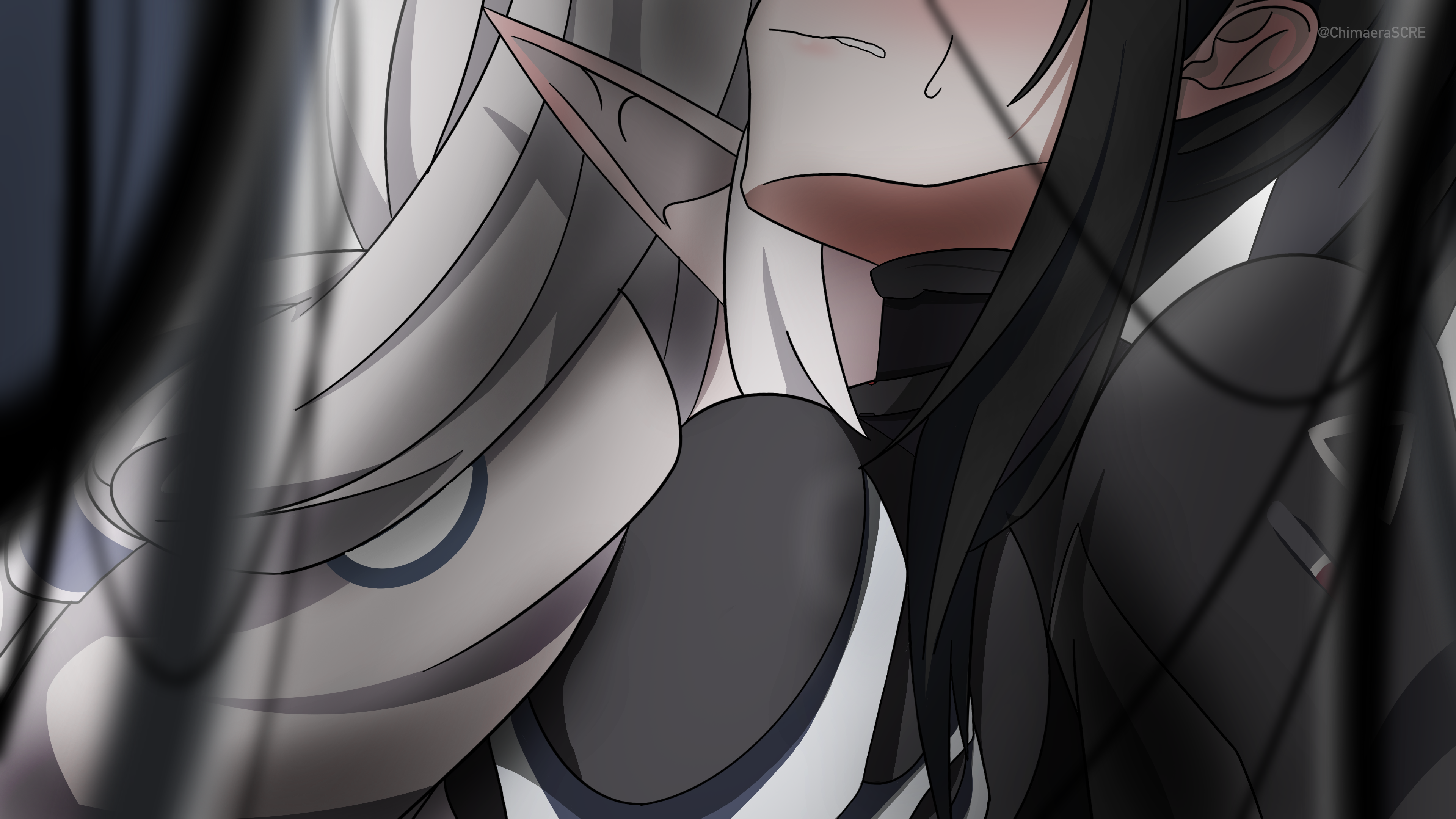 chimaera scre, himari (armed) (blue archive), himari (blue archive), rio (blue archive), blue archive, absurdres, highres, 2girls, black bodysuit, black hair, bodysuit, breasts, eyes out of frame, grabbing another's breast, groping, head out of frame, jacket, large breasts, long hair, multiple girls, pointy ears, ponytail, rio (armed) (blue archive), sweatdrop, very long hair, white bodysuit, white hair, yuri