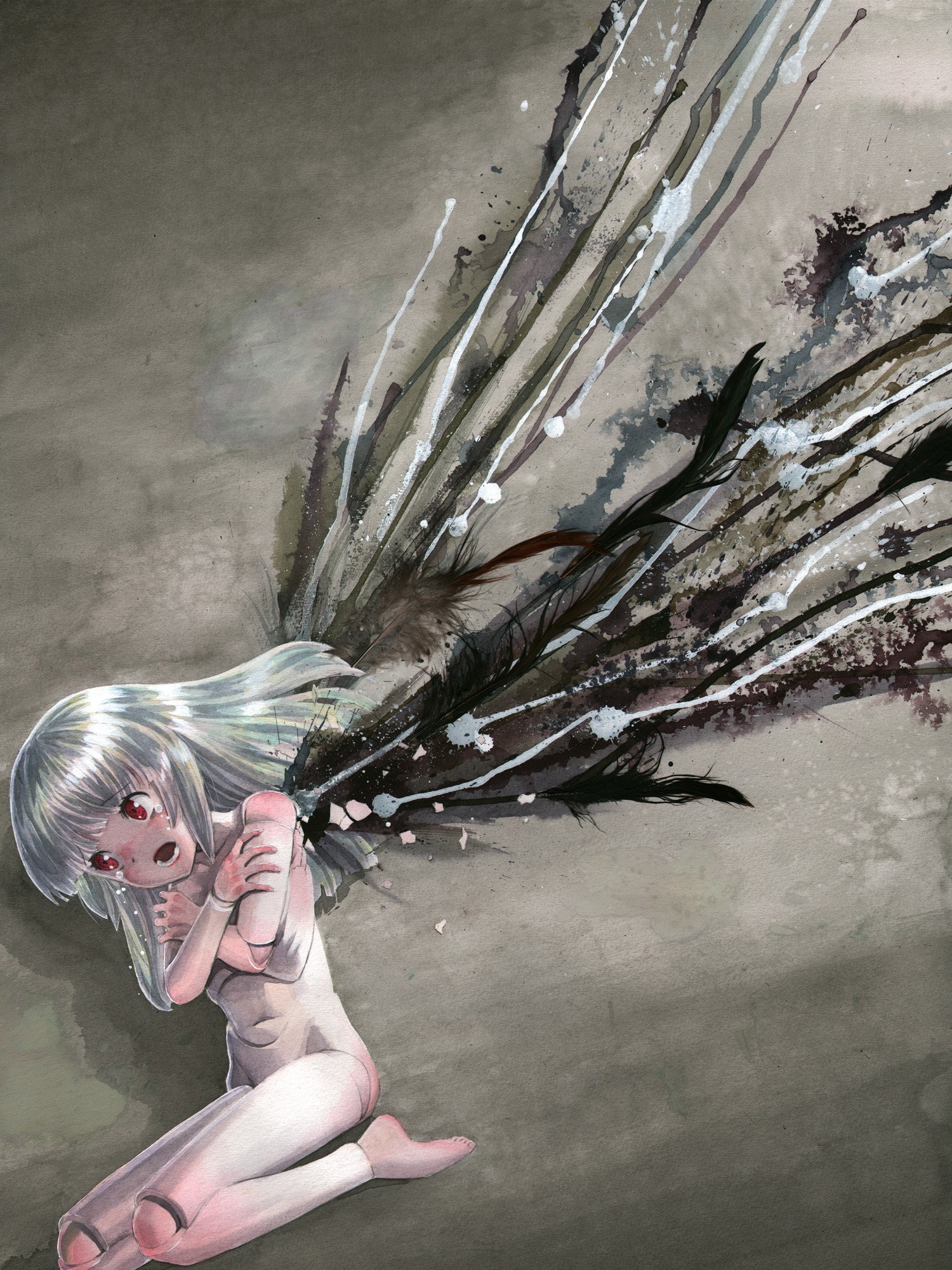 missacula, suigintou, rozen maiden, highres, 00s, barefoot, doll joints, joints, kneeling, red eyes, solo, tears, white hair, wings