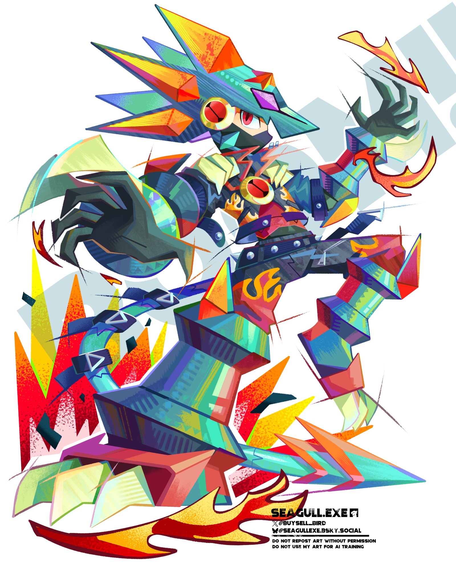 buysell bird, megaman.exe, mega man (series), mega man battle network (series), mega man battle network 6, highres, 1boy, alternate costume, belt, bluesky username, bodysuit, claw (weapon), forehead jewel, full body, green helmet, gregar (mega man), helmet, jacket, leather, leather jacket, leg up, male focus, mask, mouth mask, netnavi, outstretched arm, red eyes, solo, tail, twitter username, vambraces, watermark, weapon