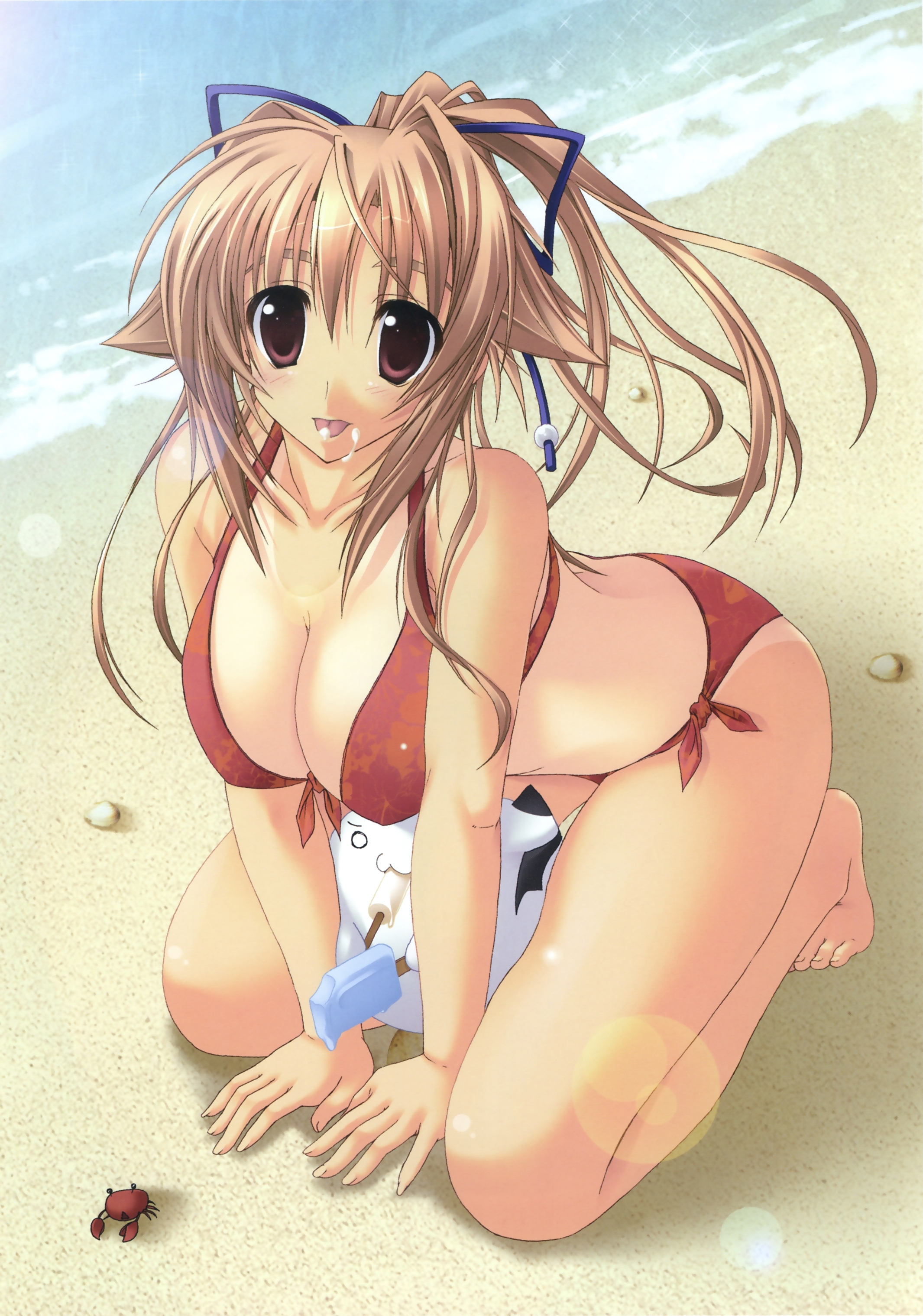 ruton-niki, kiryuu tsukasa (akane-iro ni somaru saka), akane-iro ni somaru saka, absurdres, highres, 1girl, animal, barefoot, beach, bikini, breasts, brown hair, cat, cleavage, crab, crustacean, day, feet, female focus, food, food in mouth, ice cream, kneeling, large breasts, legs, ocean, open mouth, ponytail, red bikini, solo, swimsuit, thighs, toes, water