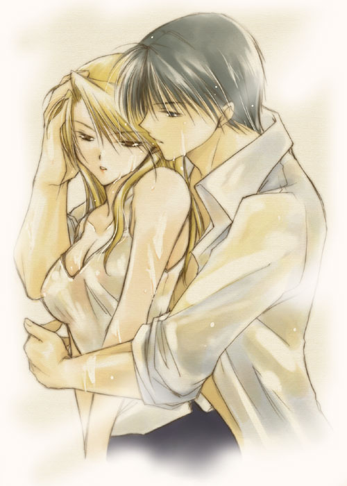 riza hawkeye, roy mustang, fullmetal alchemist, 00s, 1boy, 1girl, black hair, blonde hair, breasts, cleavage, couple, hetero, hug, hug from behind, shirt