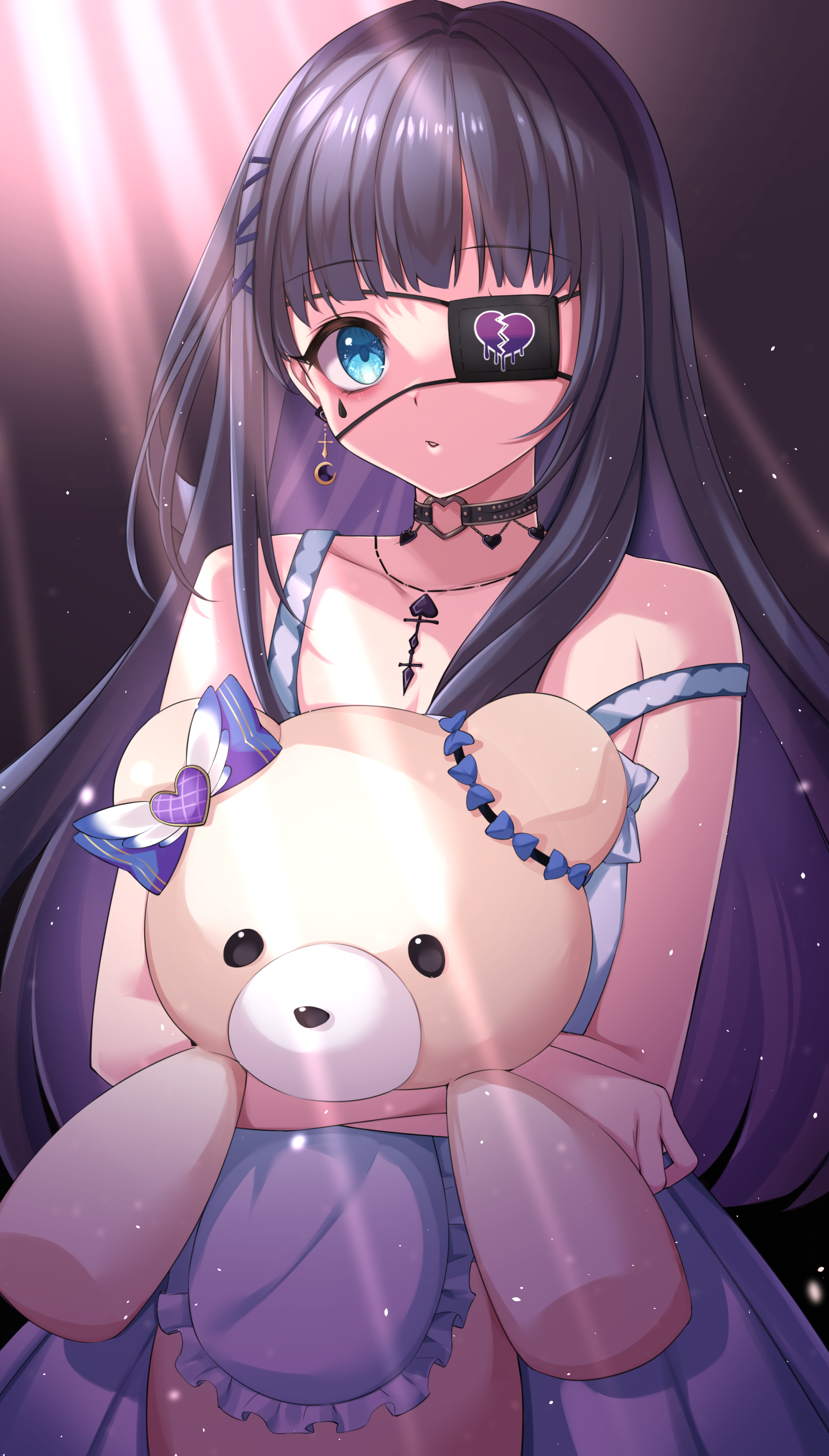 joniwi, aiba uiha, nijisanji, absurdres, commentary, highres, 1girl, bare shoulders, blue eyes, blush, collarbone, earrings, eyepatch, holding, holding toy, jewelry, long hair, looking at viewer, mole, piercing, single earring, solo, stuffed animal, stuffed toy, teddy bear, toy, virtual youtuber