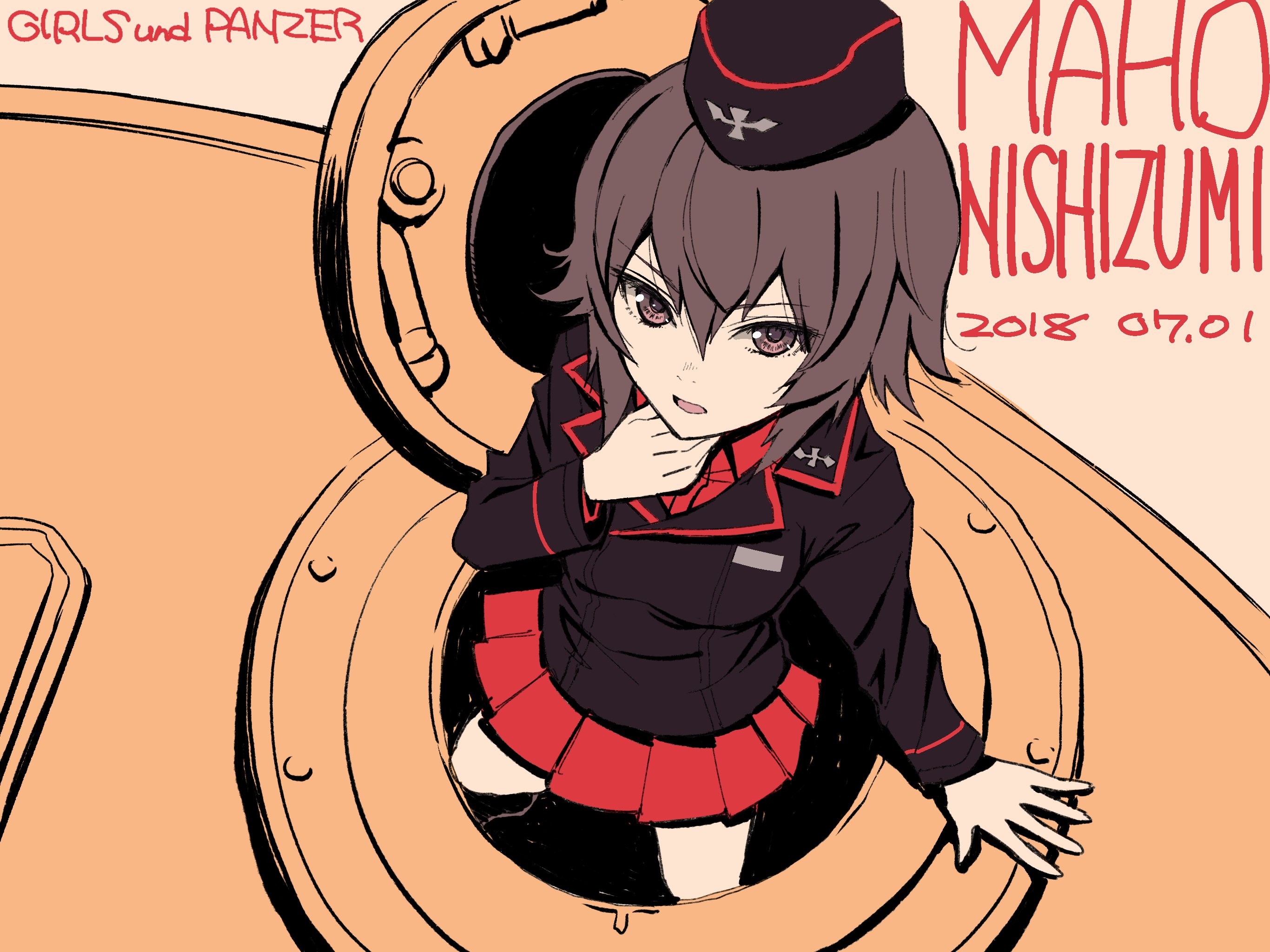 inumoto, nishizumi maho, girls und panzer, commentary request, highres, 1girl, black hat, black jacket, brown eyes, brown hair, cross, dated, from above, garreg mach monastery uniform, happy new year, hat, iron cross, jacket, kuromorimine military uniform, long sleeves, looking at viewer, military, military hat, military jacket, military uniform, military vehicle, miniskirt, motor vehicle, new year, on tank, open clothes, open hatch, pleated skirt, red shirt, shirt, simple background, skirt, solo, tank, throat microphone, tiger i, yellow background