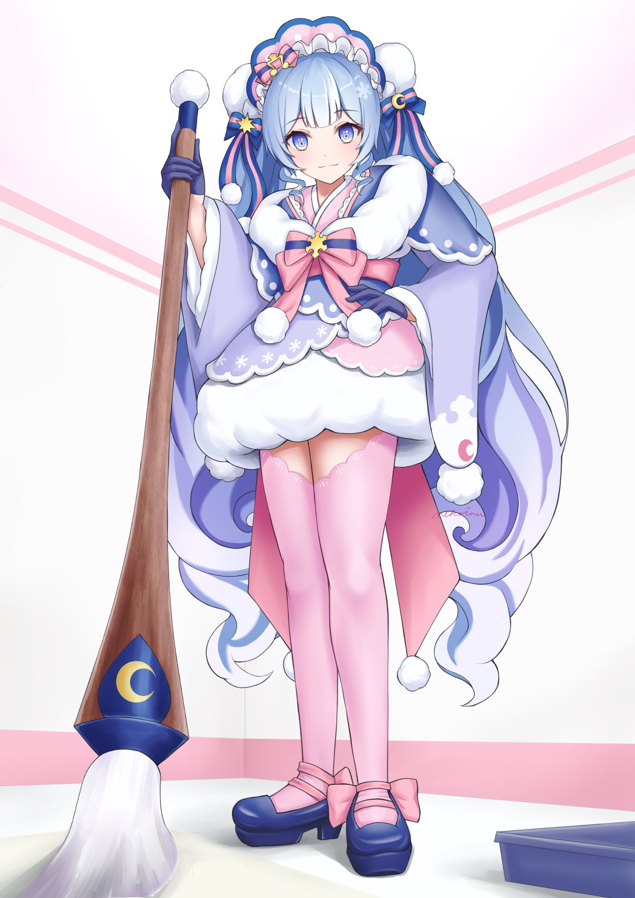 nekoinu bamboo, hatsune miku, yuki miku, yuki miku (2023), vocaloid, commentary request, highres, 1girl, aqua hair, blue bonnet, blue eyes, blue gloves, blue shoes, bonnet, bow, curly hair, dress, footwear bow, full body, fur-trimmed sleeves, fur trim, giant brush, gloves, gradient legwear, hair between eyes, hair bow, hair ornament, half gloves, hand on own hip, holding, holding paintbrush, japanese clothes, kimono, layered dress, long hair, long sleeves, looking at viewer, multicolored hair, official alternate costume, official alternate hairstyle, open mouth, paintbrush, pink bow, pink hair, pink thighhighs, pom pom (clothes), pom pom hair ornament, shoes, short dress, short kimono, simple background, snowflake print, snowflakes, solo, streaked hair, thighhighs, twintails, two-tone hair, very long hair, wide sleeves, zettai ryouiki