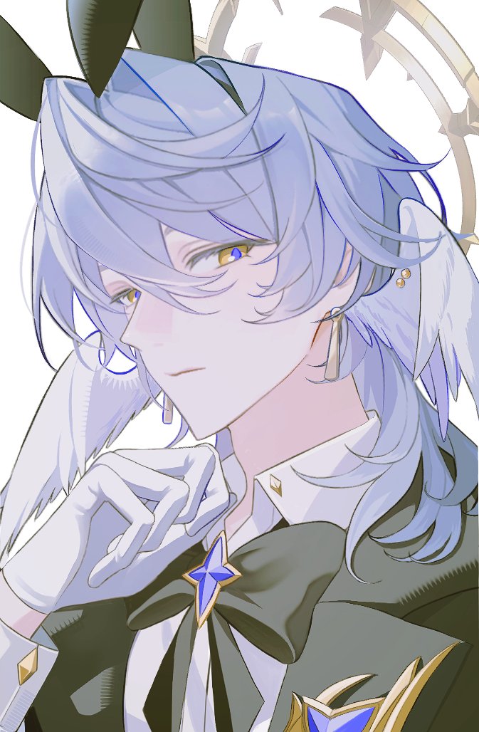 1owo owo1, sunday (honkai: star rail), honkai: star rail, honkai (series), hashtag-only commentary, 1boy, alternate costume, animal ears, blue hair, bow, collared shirt, earrings, gloves, halo, halo behind head, head wings, jewelry, looking at viewer, male focus, medium hair, rabbit ears, shirt, simple background, sleeve cuffs, wings, yellow eyes