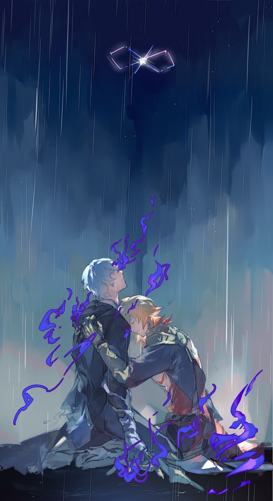 wwweremeow, flame reaver of the deepest dark, mydei (honkai: star rail), phainon (honkai: star rail), honkai: star rail, honkai (series), hashtag-only commentary, 2boys, abs, amphoreus (honkai: star rail), armlet, black cloak, black coat, blonde hair, braid, chest tattoo, clawed gauntlets, cloak, closed eyes, coat, earrings, from side, gold earrings, gradient hair, hand on another's shoulder, hood, hood down, hooded cloak, infinity symbol, jewelry, male focus, medium hair, multicolored hair, multiple boys, night, open clothes, open coat, profile, rain, red hair, red tattoo, short hair, side braid, tattoo, toned, toned male, white hair