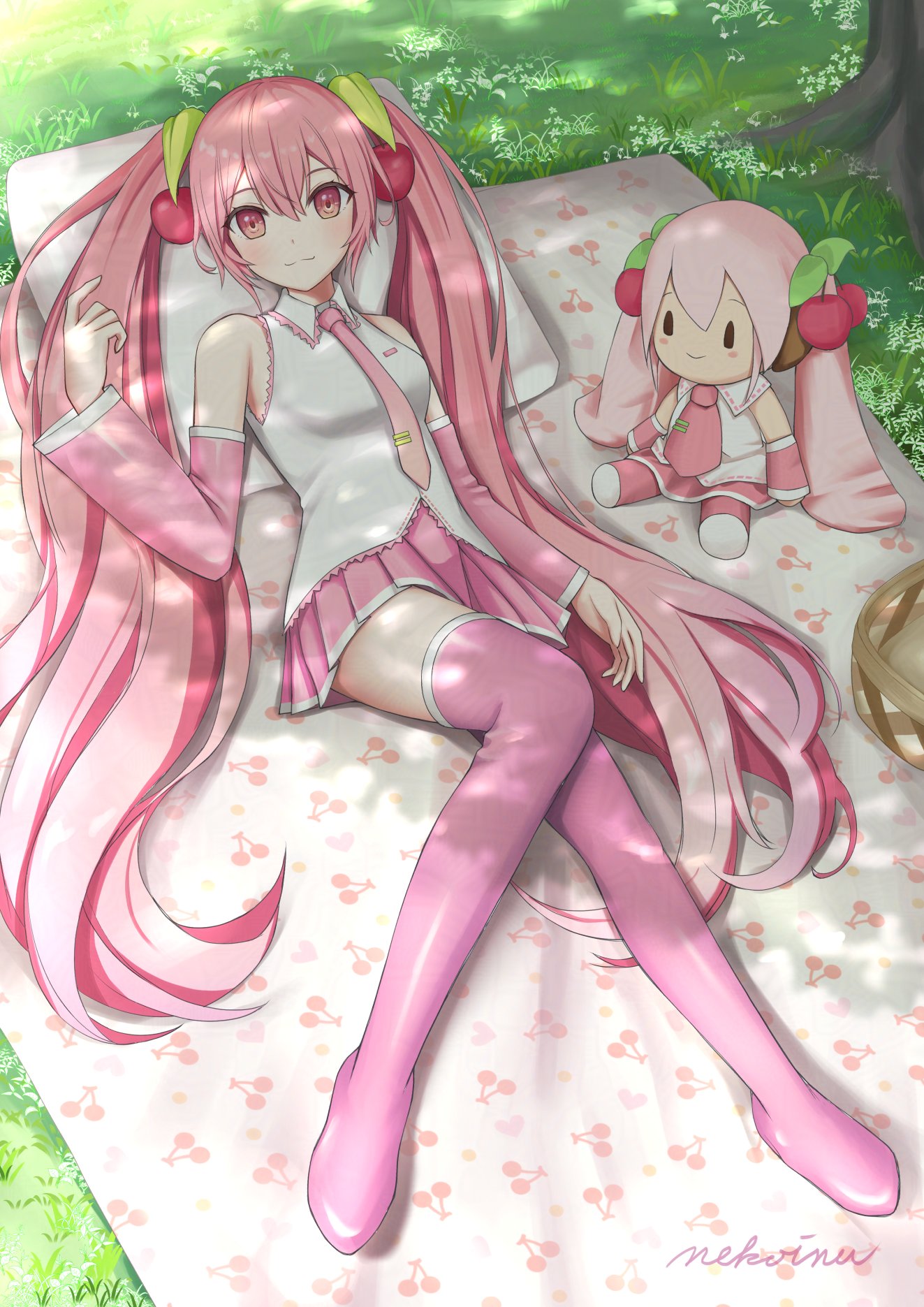nekoinu bamboo, hatsune miku, sakura miku, vocaloid, commentary request, highres, 1girl, bare shoulders, blush, character doll, cherry blossom print, cherry hair ornament, cherry print, closed mouth, collared shirt, doll, floral print, flower, food-themed hair ornament, food print, fruit print, full body, hair between eyes, hair flower, hair ornament, long hair, looking at viewer, lying, miniskirt, necktie, on back, outdoors, pink eyes, pink hair, pink necktie, pink skirt, pleated skirt, shade, shirt, skirt, sleeveless, sleeveless shirt, solo, stuffed toy, thighs, tree, twintails, very long hair