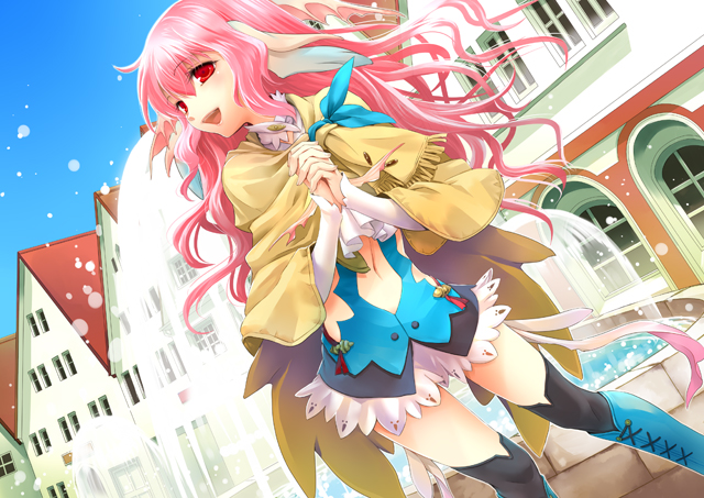 kawazoe mariko, persia (rune factory), rune factory, rune factory 3, 1girl, animal ears, boots, female focus, fountain, long hair, navel, own hands clasped, own hands together, pink hair, red eyes, solo
