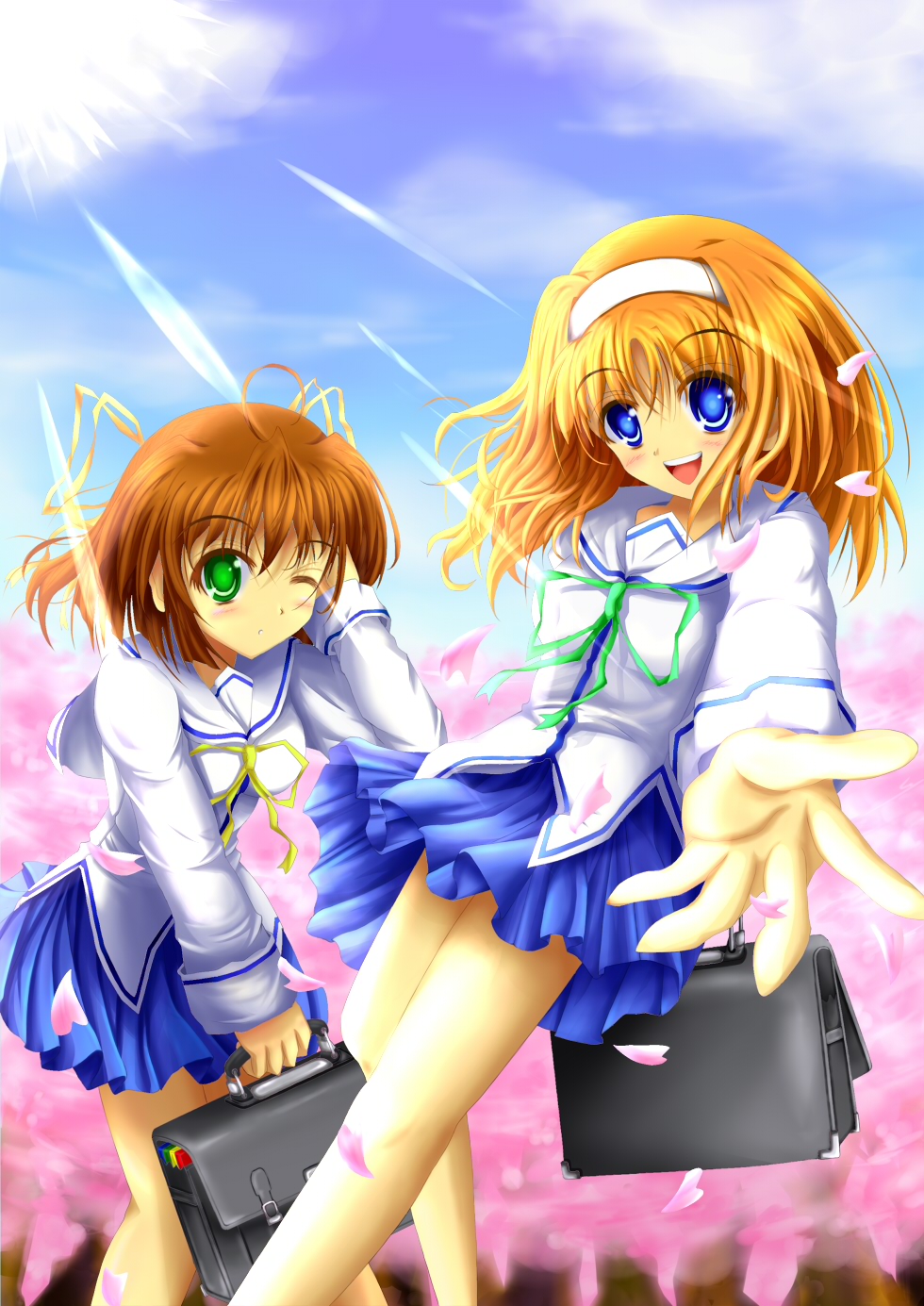 aru tia, amakase miharu, asakura nemu, da capo, da capo i, bad id, bad pixiv id, highres, 2girls, bag, bell, blue eyes, brown hair, foreshortening, green eyes, hairband, jingle bell, multiple girls, orange hair, school uniform, short hair