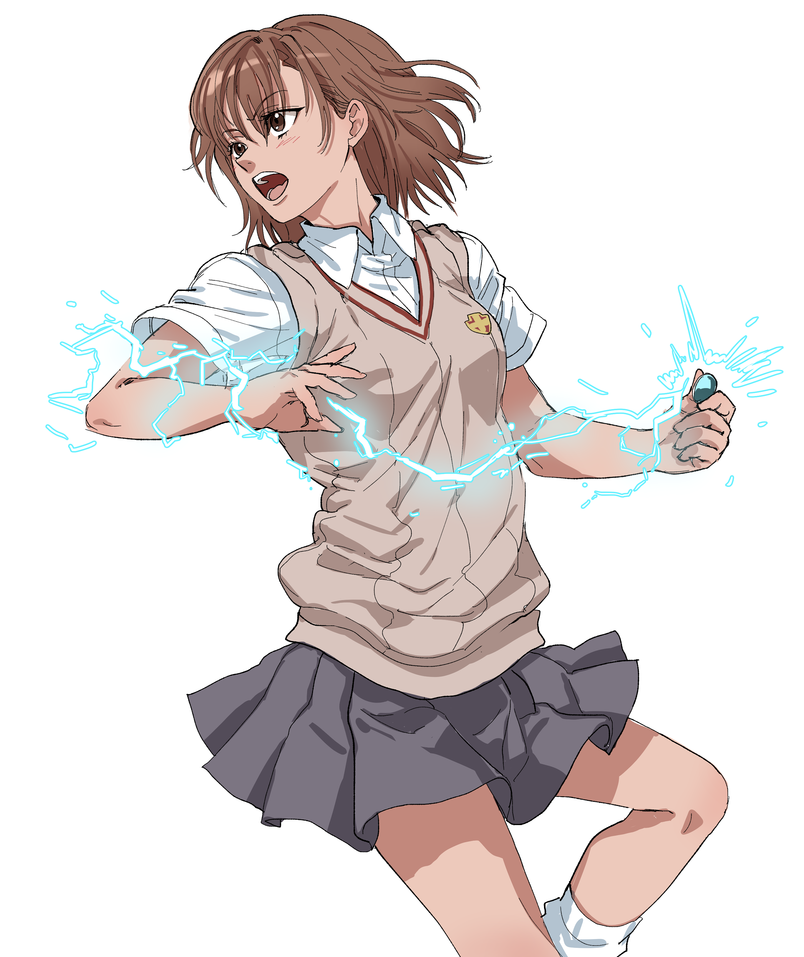 kuya (hey36253625), misaka mikoto, toaru kagaku no railgun, toaru majutsu no index, absurdres, commentary request, highres, korean commentary, redrawn, 1girl, brown eyes, brown hair, brown sweater vest, coin, collared shirt, cowboy shot, electricity, electrokinesis, emblem, eyes visible through hair, grey skirt, holding, holding coin, kneehighs, loose socks, medium hair, miniskirt, open mouth, pleated skirt, school emblem, school uniform, shirt, short sleeves, skirt, socks, solo, summer uniform, sweater vest, teeth, tokiwadai school uniform, turning head, v-neck, white background, white shirt, white socks
