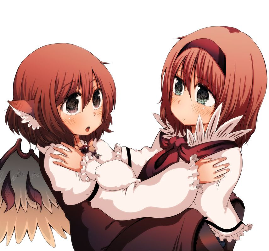 cream (nipakupa), alice margatroid, mystia lorelei, touhou, bad id, bad pixiv id, 2girls, animal ears, black eyes, blonde hair, blue eyes, female focus, multiple girls, pantyhose, pink hair, short hair, simple background, white background, wings