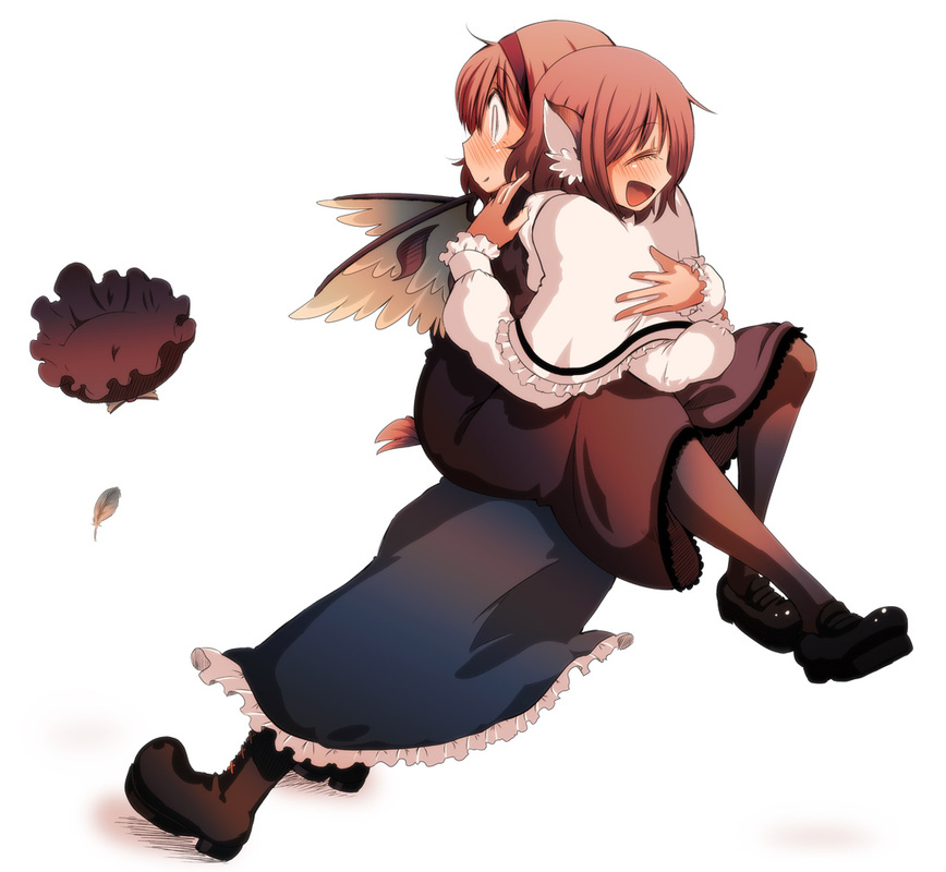 cream (nipakupa), alice margatroid, mystia lorelei, touhou, bad id, bad pixiv id, 2girls, animal ears, blonde hair, feathers, female focus, glomp, hug, multiple girls, pantyhose, pink hair, short hair, simple background, white background, wings, yuri