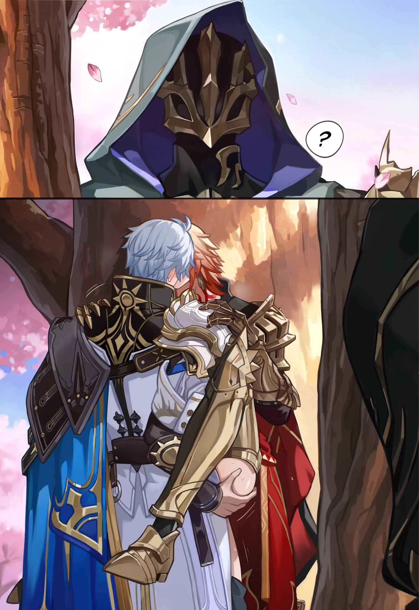 jean warrior00, flame reaver of the deepest dark, mydei (honkai: star rail), phainon (honkai: star rail), honkai: star rail, honkai (series), commentary, highres, symbol-only commentary, 3boys, ?, antenna hair, armor, armored boots, black cloak, black coat, black pants, black shirt, blonde hair, blue cape, blue sky, boots, cape, caught, cherry blossoms, clawed gauntlets, cloak, coat, earrings, falling petals, gold earrings, gradient hair, hand on another's ass, hand on another's shoulder, hood, hood up, hooded cloak, implied kiss, implied sex, jewelry, kiss, male focus, mask, medium hair, multicolored hair, multiple boys, neck tattoo, open clothes, open coat, pants, pauldrons, petals, red cape, red hair, red tattoo, shirt, short hair, shoulder armor, side cape, single pauldron, sky, spoken question mark, sun print, tattoo, walk-in, white coat, white hair, yaoi