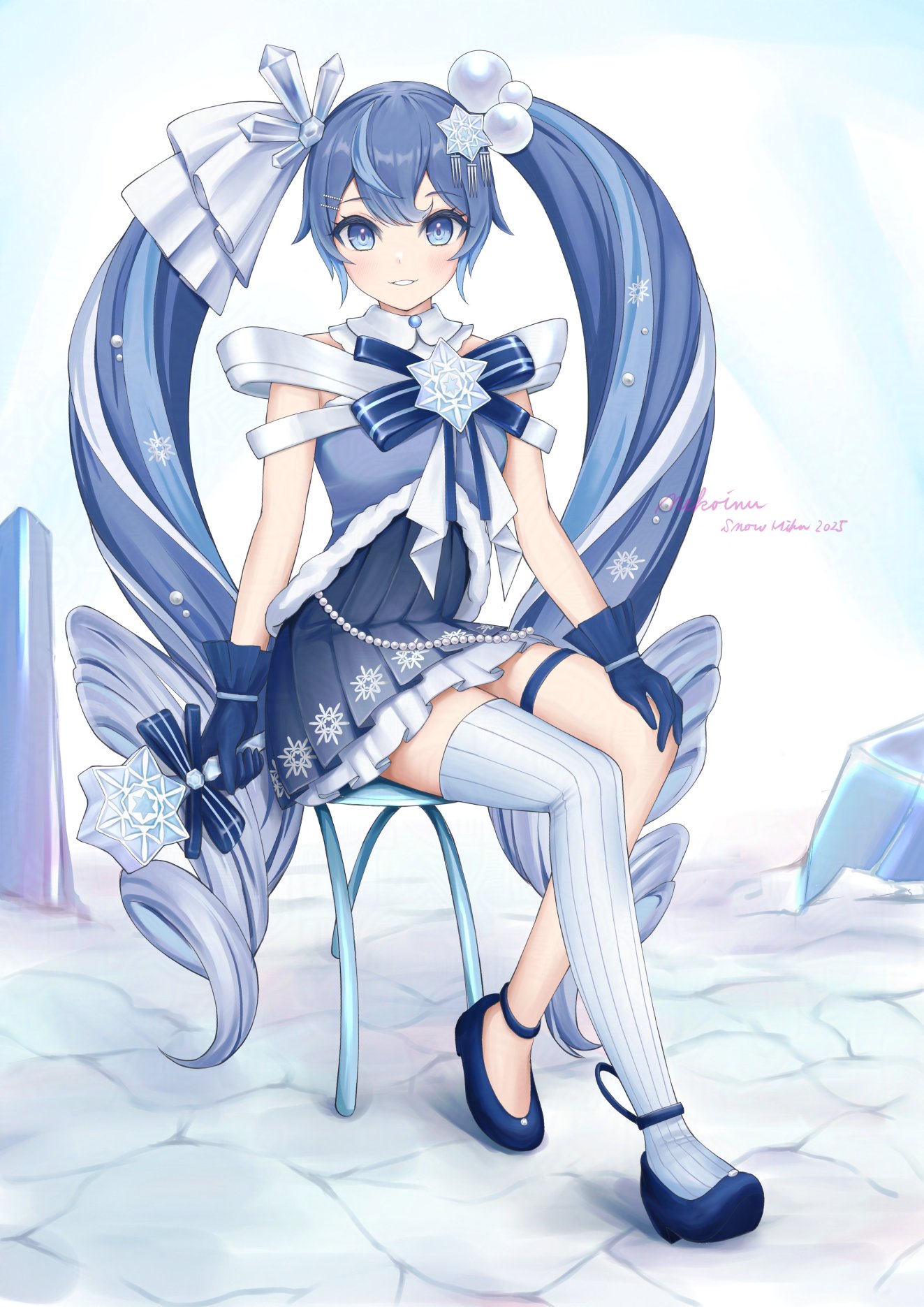 nekoinu bamboo, hatsune miku, yuki miku, yuki miku (2025), vocaloid, commentary request, highres, 1girl, aqua hair, asymmetrical legwear, blue bow, blue bowtie, blue dress, blue eyes, blue gloves, blue hair, blush, bow, bowtie, collarbone, crystal hair ornament, detached collar, dress, full body, gloves, gradient hair, hair between eyes, hair ornament, hand on own knee, holding, holding staff, jewelry, long hair, multicolored hair, official alternate costume, official alternate hairstyle, parted lips, pleated skirt, single thighhigh, sitting, skirt, smile, snowflake hair ornament, snowflake print, solo, staff, striped clothes, striped thighhighs, thigh strap, thighhighs, white hair, white thighhighs