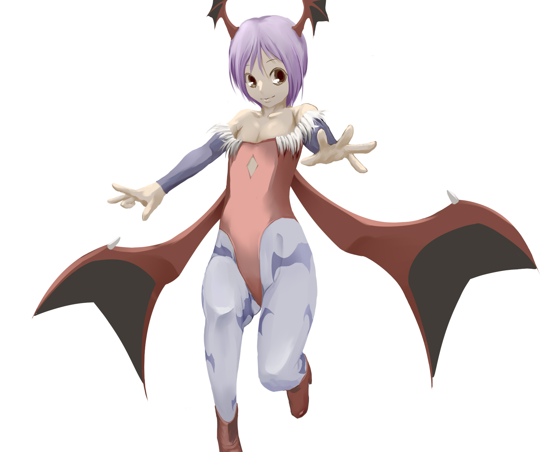 e no koro kusa, enokoro kusa, lilith (darkstalkers), capcom, darkstalkers, bad id, bad pixiv id, highres, 1girl, animal print, bare shoulders, bat print, bat wings, boots, brown eyes, demon girl, elbow gloves, female focus, fingerless gloves, flat chest, gloves, head wings, leotard, pantyhose, print pantyhose, purple hair, red leotard, short hair, simple background, solo, wings