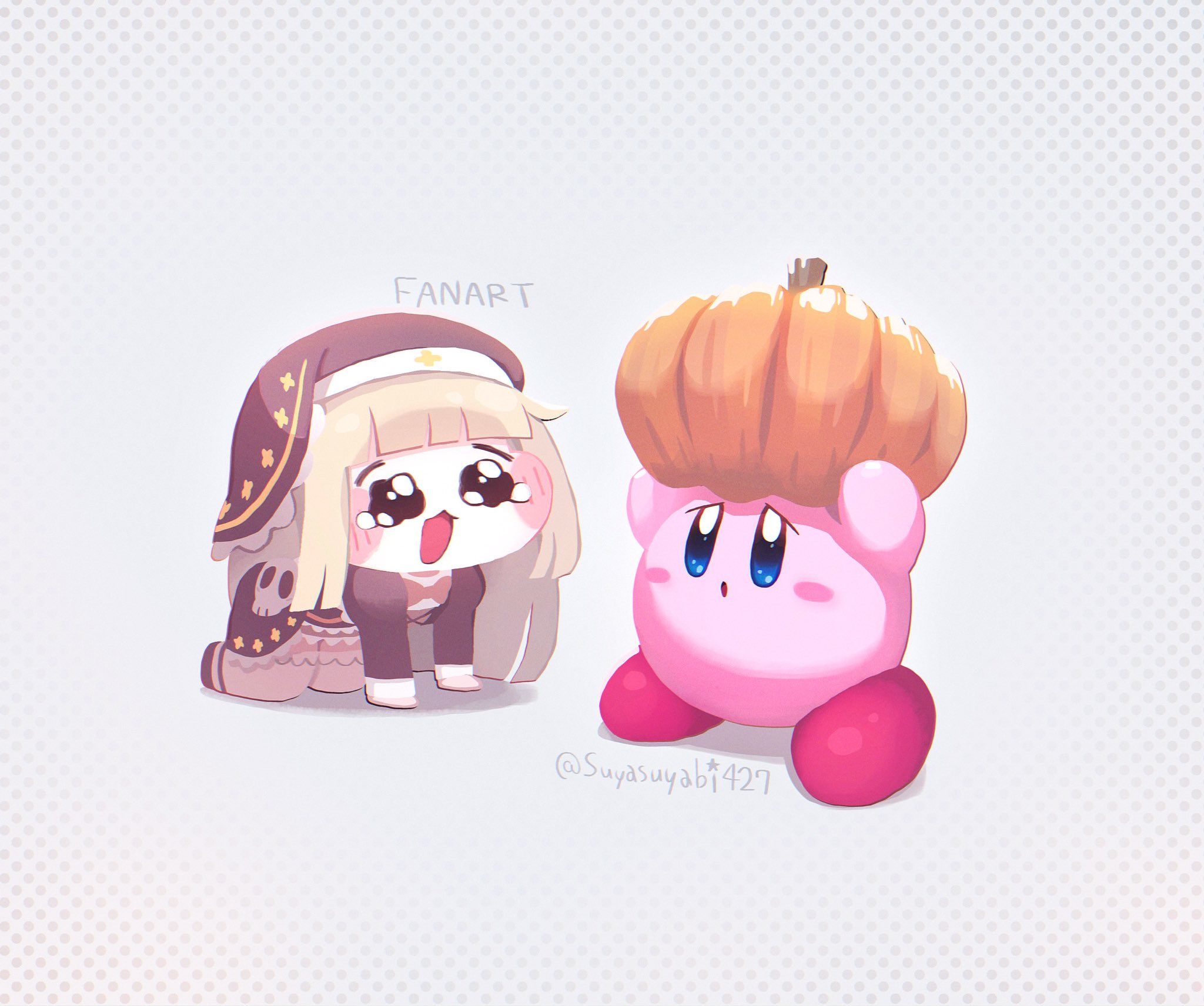 suyasuyabi, kirby, speaki (trickcal), kirby (series), nintendo, trickcal, highres, 1girl, :o, all fours, black dress, black shoes, blonde hair, blue eyes, blunt bangs, blush stickers, chibi, chibi only, crossover, dress, food, grey background, holding, holding food, juliet sleeves, long hair, long sleeves, nun, nun headdress, open mouth, puffy sleeves, pumpkin, shoes, tears, thighhighs, twitter username, white thighhighs