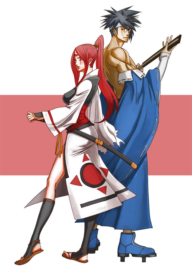 hyperman ys, law, baiken, mito anji, arc system works, guilty gear, 1boy, 1girl, bandages, bare shoulders, black hair, breasts, detached sleeves, facepaint, fingerless gloves, full body, glasses, gloves, hand fan, japanese clothes, large breasts, one-eyed, one eye closed, pink hair, ponytail, sandals, scar, scar across eye, scar on face, sheath, sheathed, shoes, side slit, simple background, standing, sword, tattoo, weapon, wink