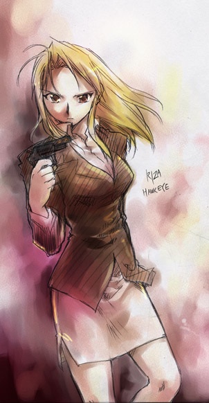 riza hawkeye, fullmetal alchemist, 00s, 1girl, blonde hair, breasts, brown eyes, cleavage, female focus, gun, handgun, large breasts, pencil skirt, skirt, solo, weapon